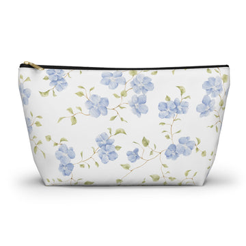 Floral-patterned pouch with blue flowers on a white background