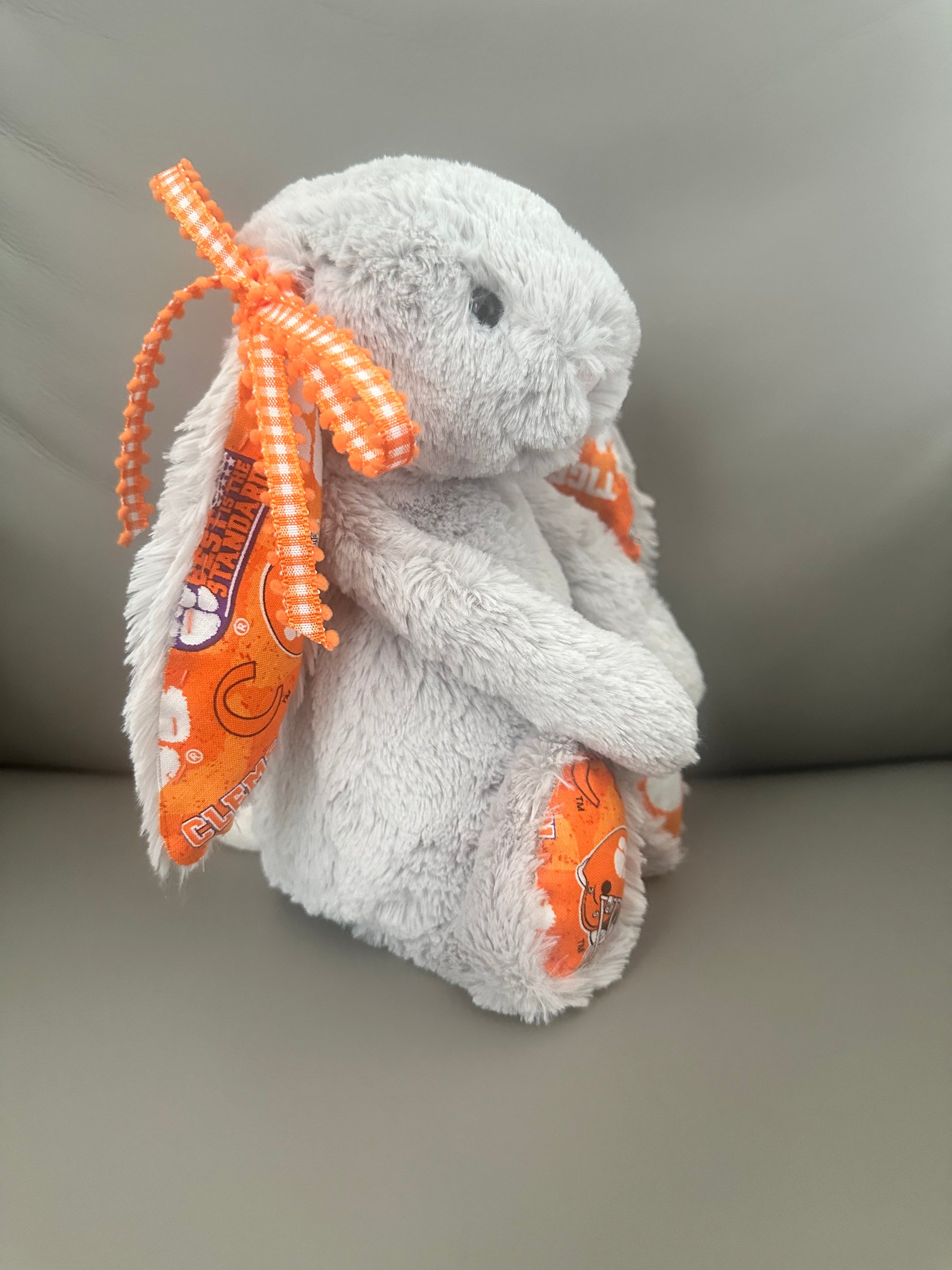 Custom Bashful Bunny Gray Jellycat with Clemson University fabric on the ears and back paws.