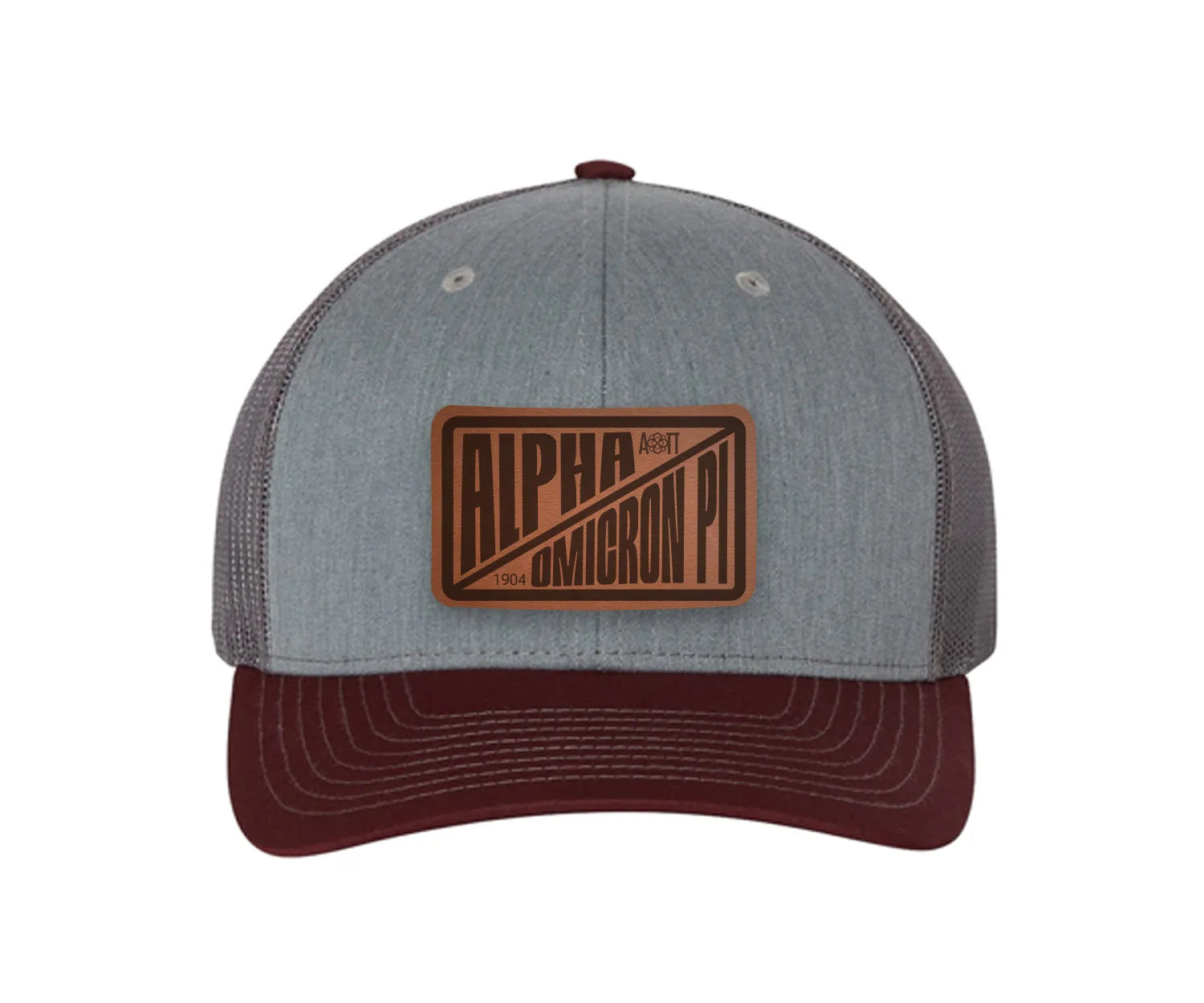 Alpha Omicron Pi Richardson 112 Leatherette Patch Trucker Hat - Divide
