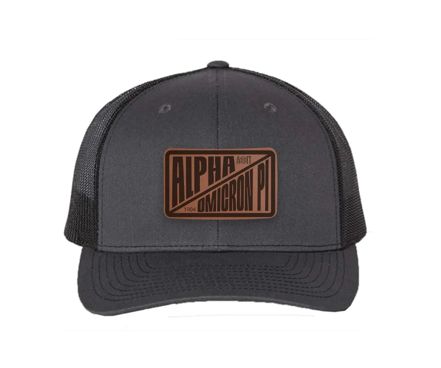 Alpha Omicron Pi Richardson 112 Leatherette Patch Trucker Hat - Divide