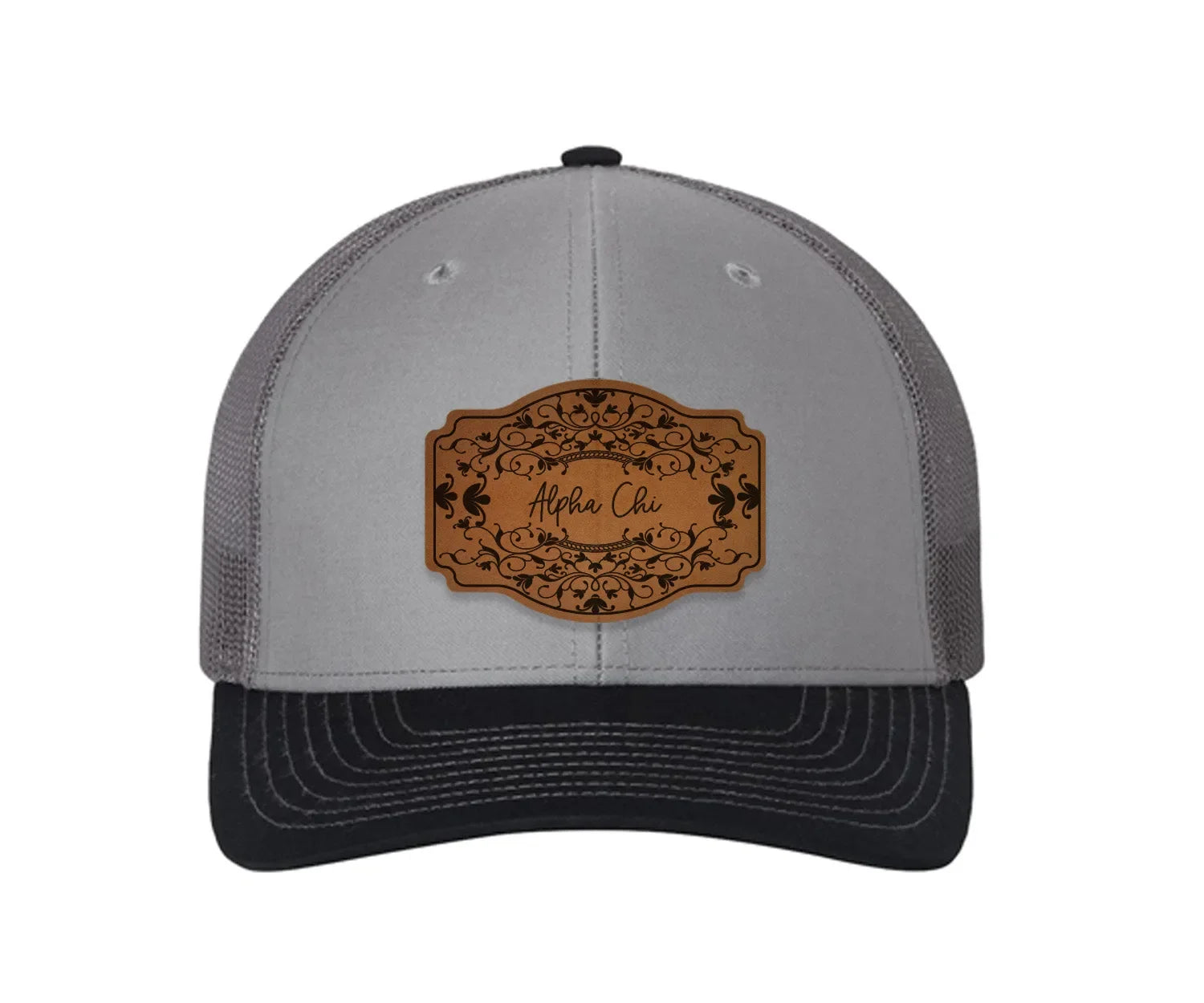 Alpha Chi Omega Richardson 112 Leatherette Patch Trucker Hat - Scroll