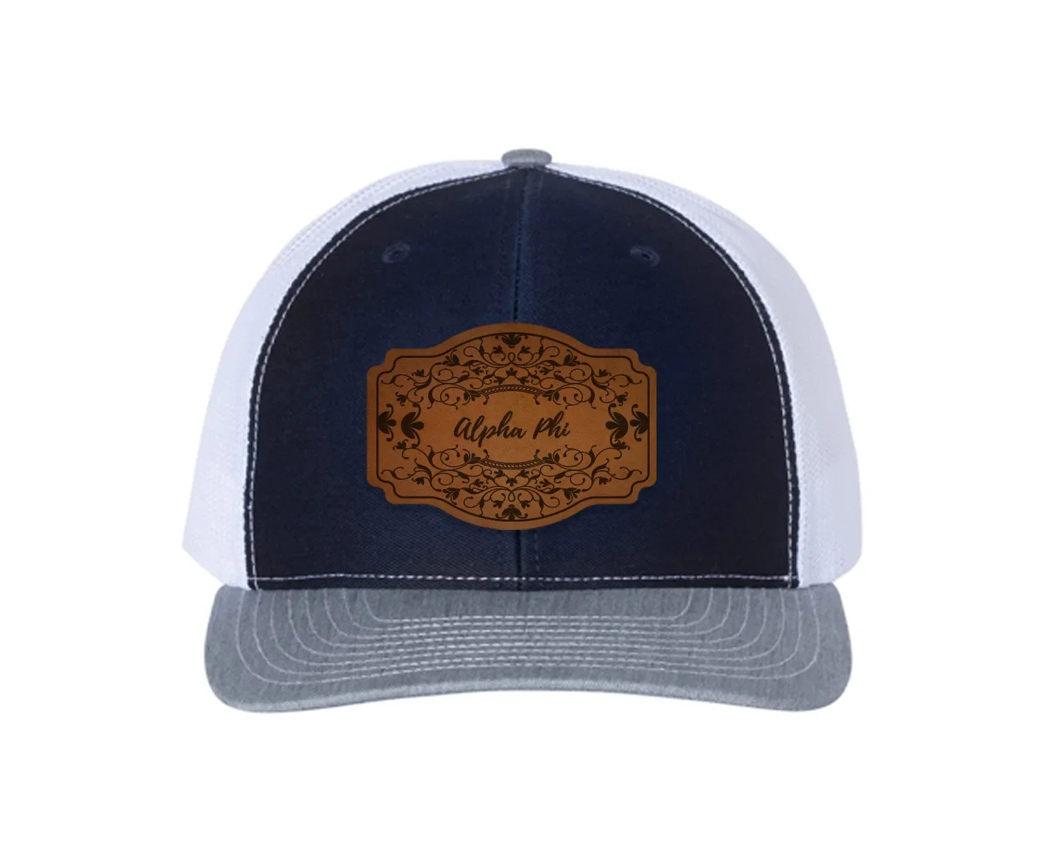 Alpha Phi Richardson 112 Leatherette Patch Trucker Hat - Scroll