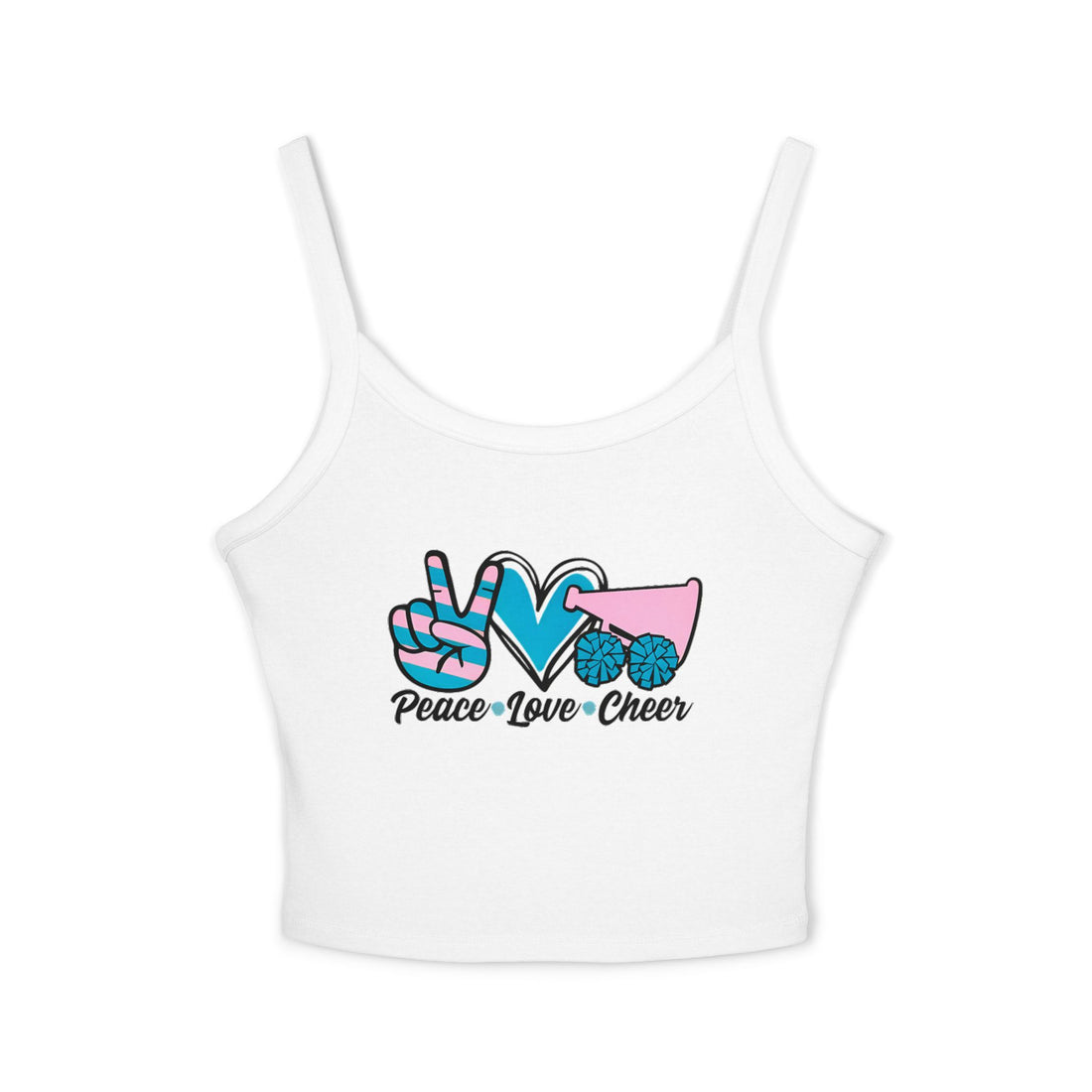 White tank top with 'Peace Love Cheer' design on a white background