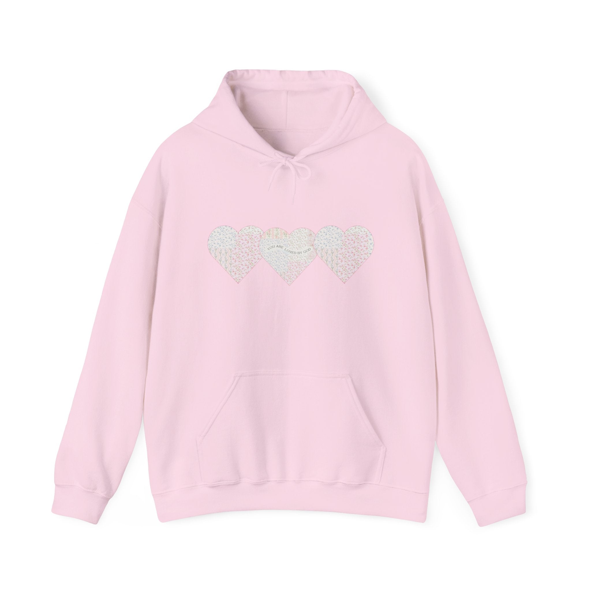 You Are Loved By God Heartfelt Hoodie with Patchwork Hearts Design