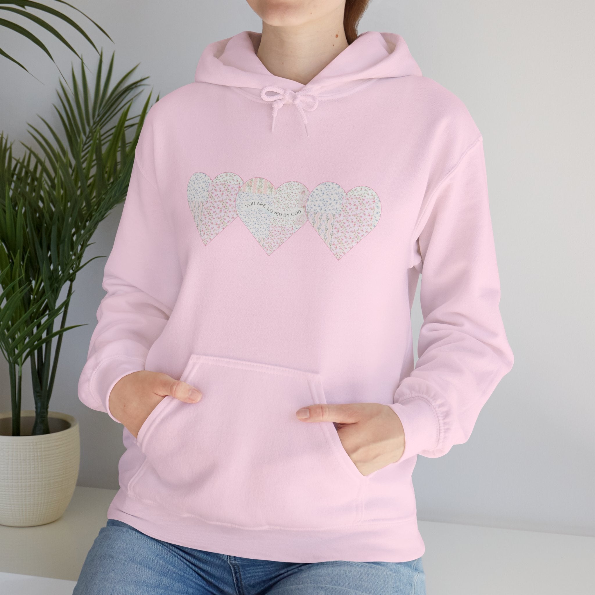 You Are Loved By God Heartfelt Hoodie with Patchwork Hearts Design