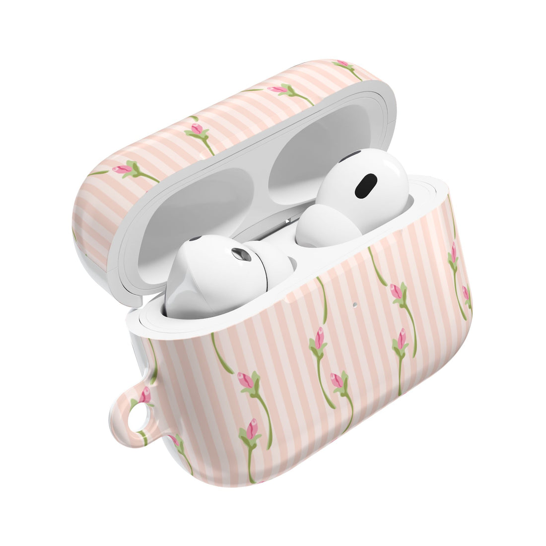 Wireless earbuds in a pink striped case with floral design on a white background
