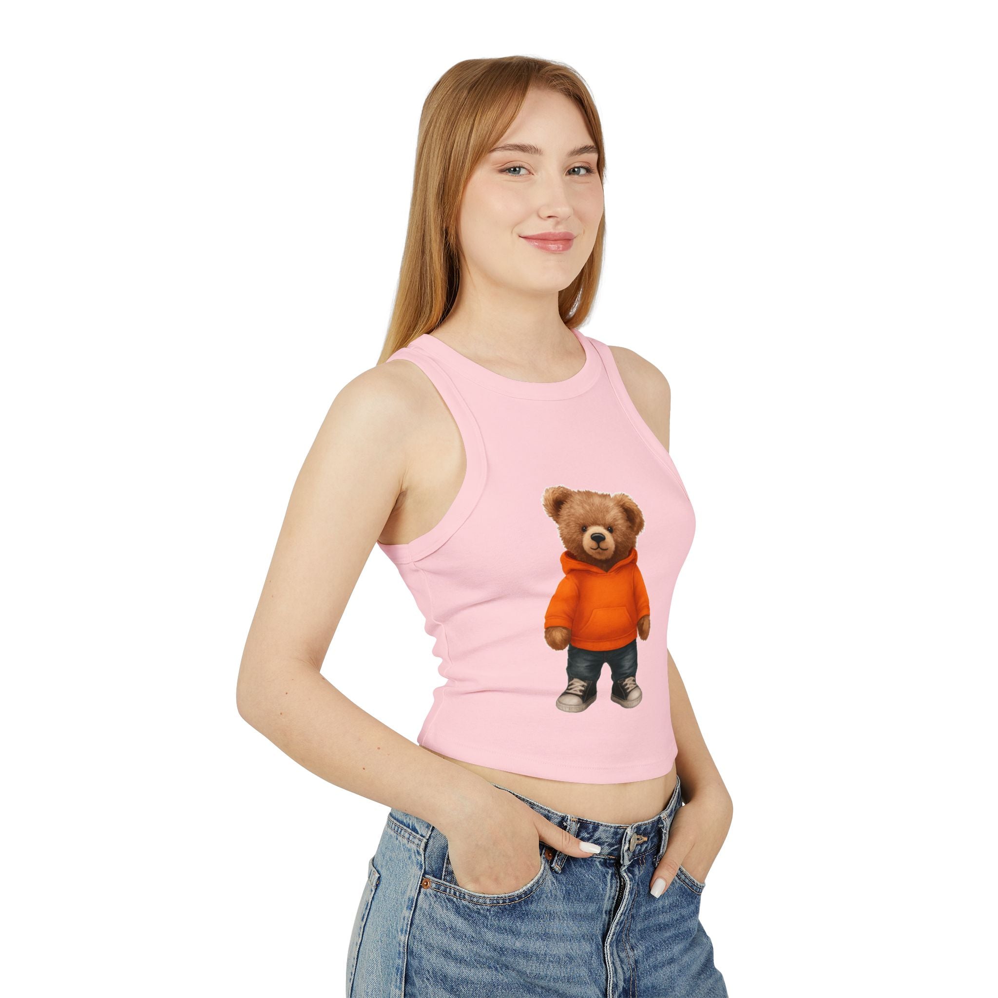 Trendy Bear Print Racer Tank Top for Women, Casual Summer Top, Cute Beachwear, Gift for Her, Festival Fashion, Stylish Comfort