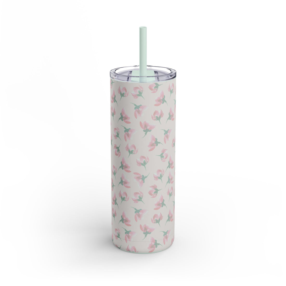 Tumbler with floral pattern and straw on a white background