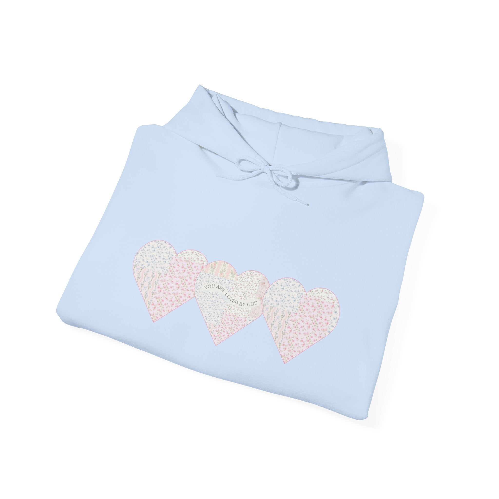You Are Loved By God Heartfelt Hoodie with Patchwork Hearts Design