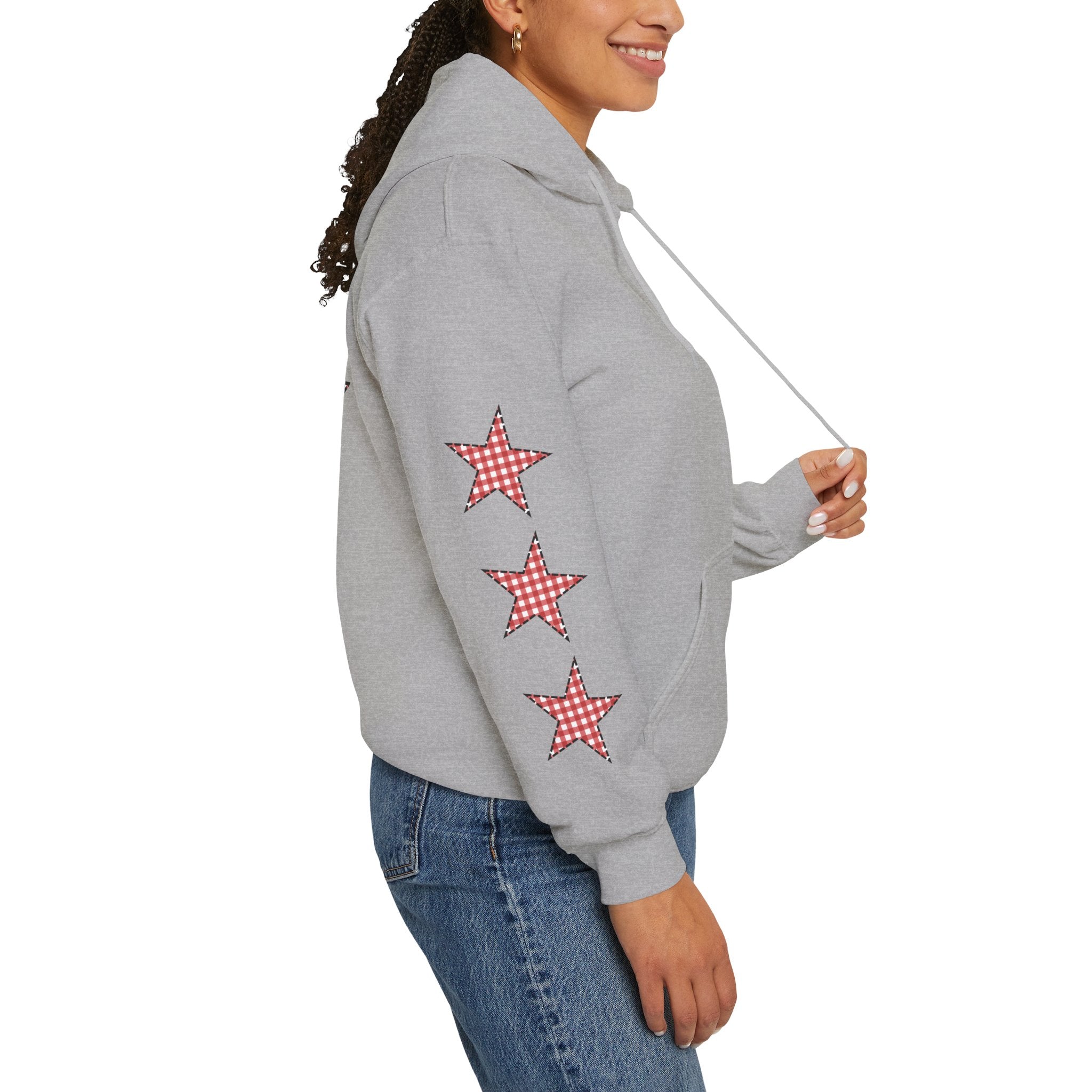 Red Gingham Star Hoodie, Cozy Winter Sweatshirt, Casual Unisex Outerwear, Perfect Gift for Birthdays, Holidays, and Trendy Outfits