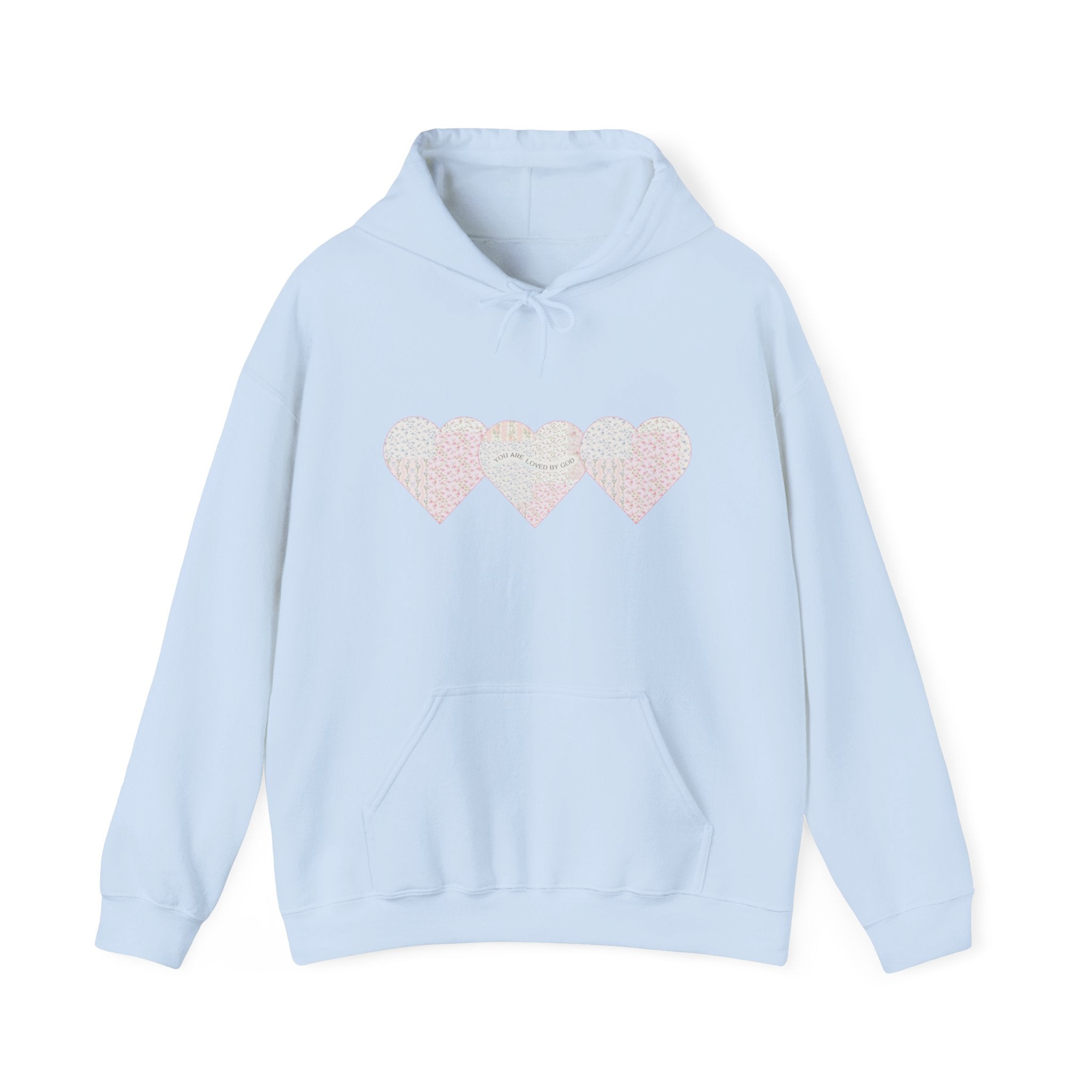 You Are Loved By God Heartfelt Hoodie with Patchwork Hearts Design