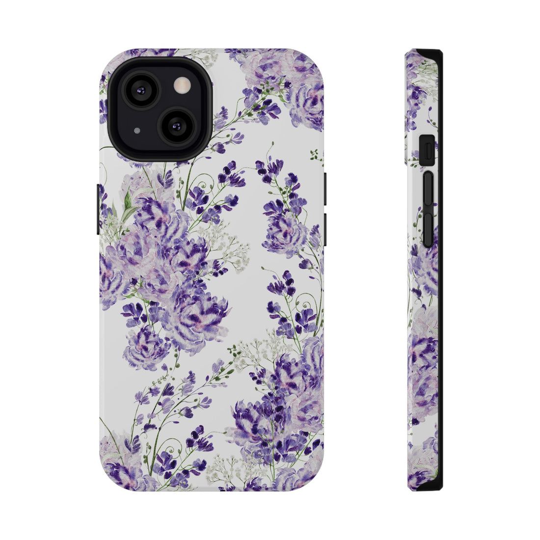 Phone case with purple floral pattern on a white background