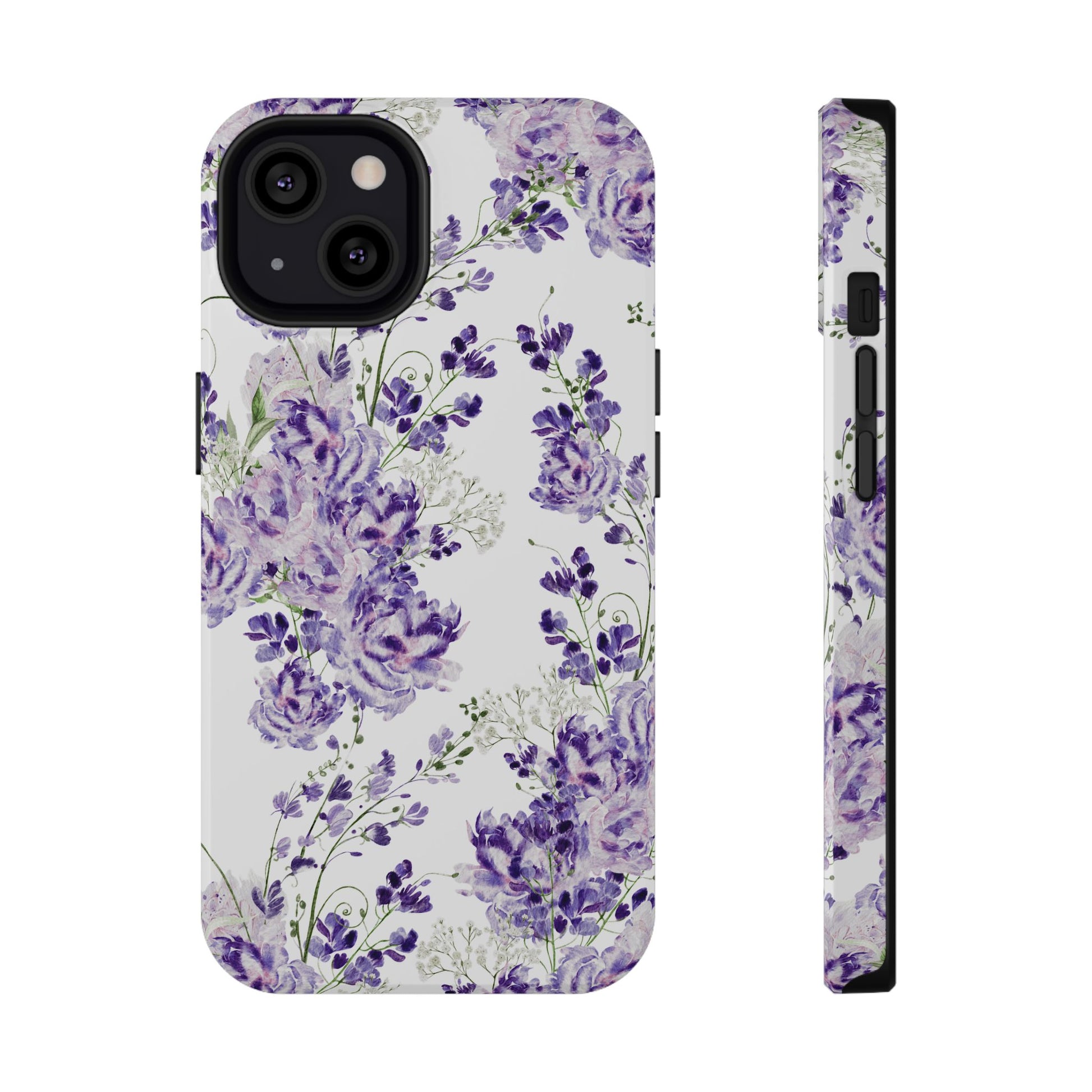 Phone case with purple floral pattern on a white background