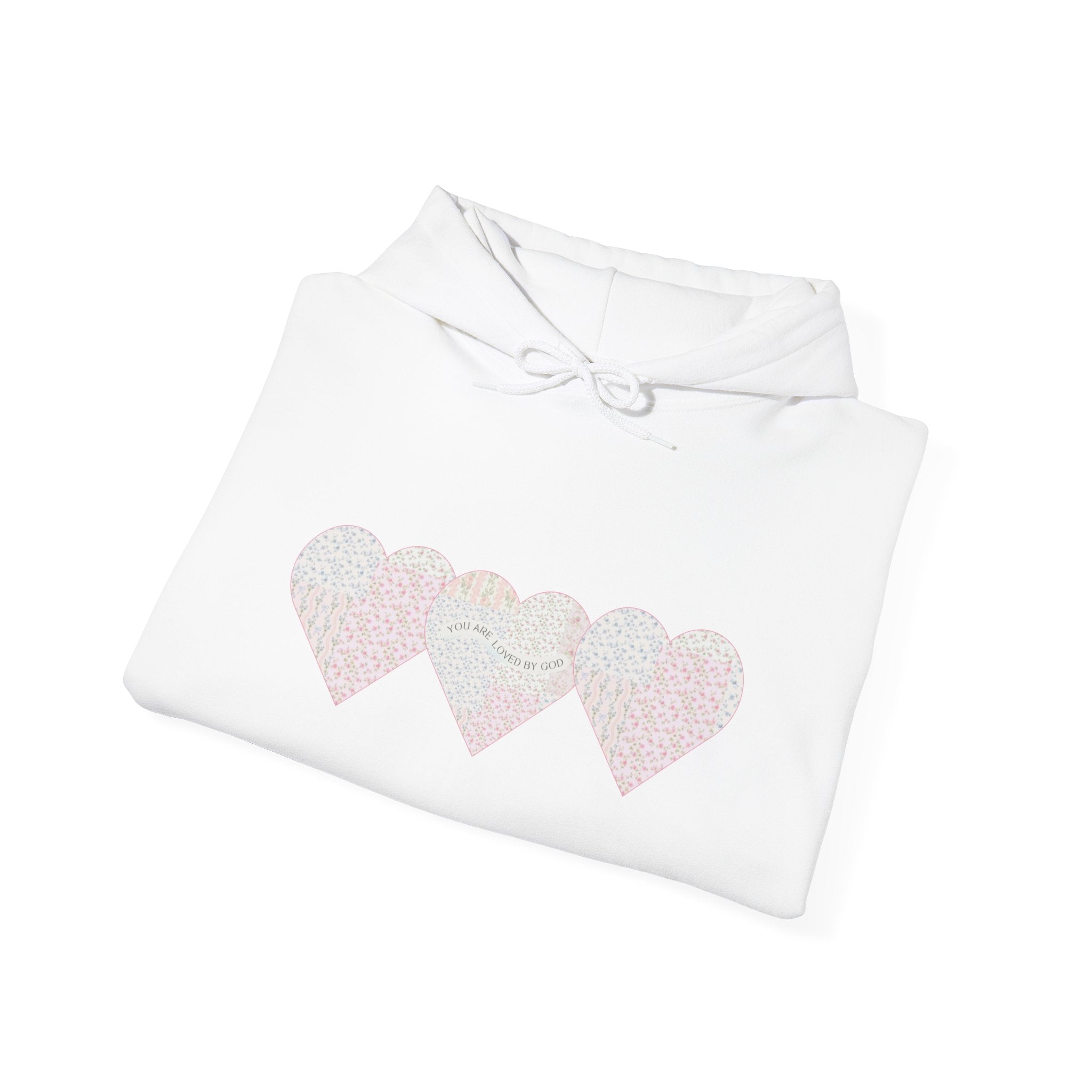 You Are Loved By God Heartfelt Hoodie with Patchwork Hearts Design
