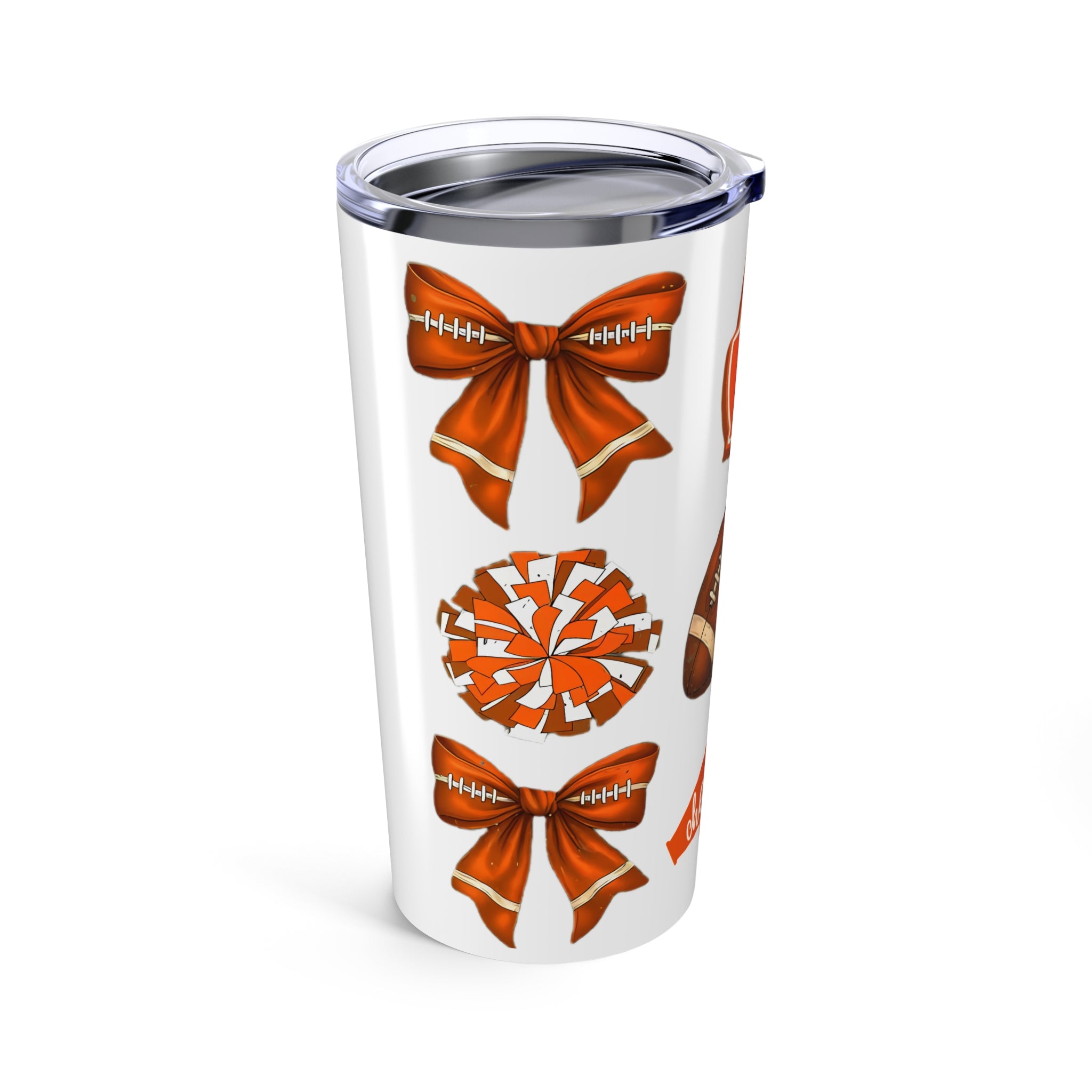 Customizable Tumbler 20oz - Orange-Themed Football Cheer Bow College Grad Gift Dorm Care College Package