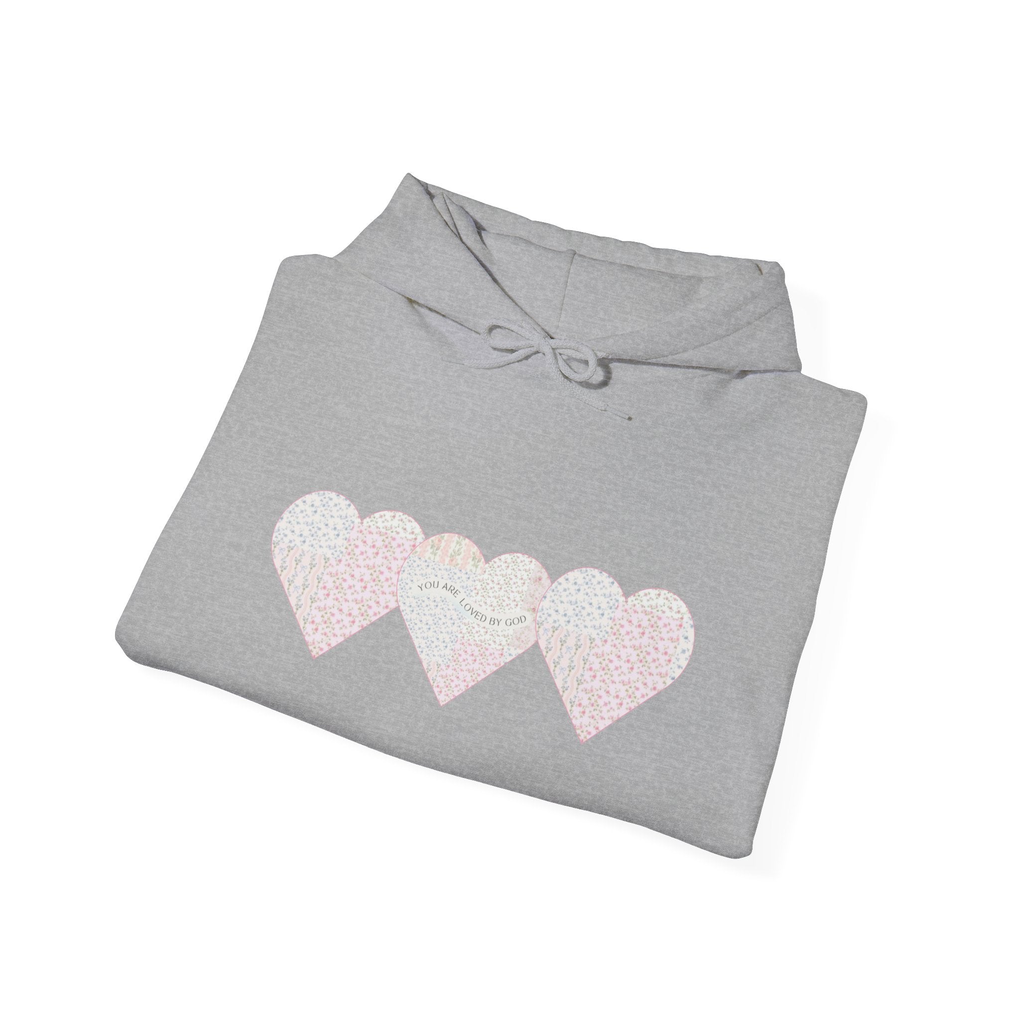 You Are Loved By God Heartfelt Hoodie with Patchwork Hearts Design