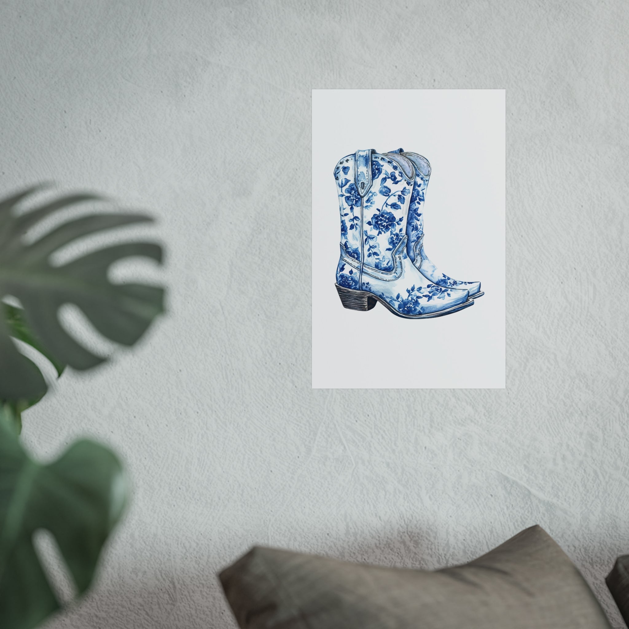 Blue Floral Cowboy Boots Art Print, Dorm Room Decor Rustic Home Art, Gift for Cowgirl, Country Decor, Bohemian Style