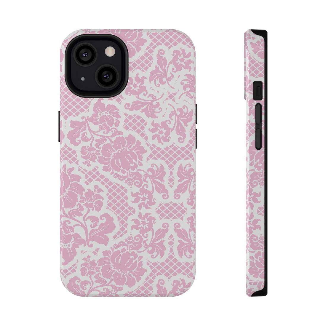 Phone case with pink floral lace pattern on a white background