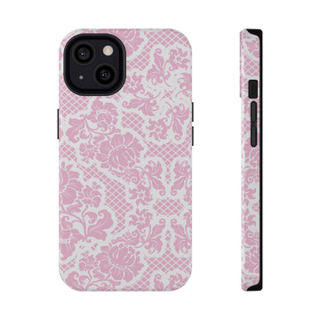 Phone case with pink floral lace pattern on a white background