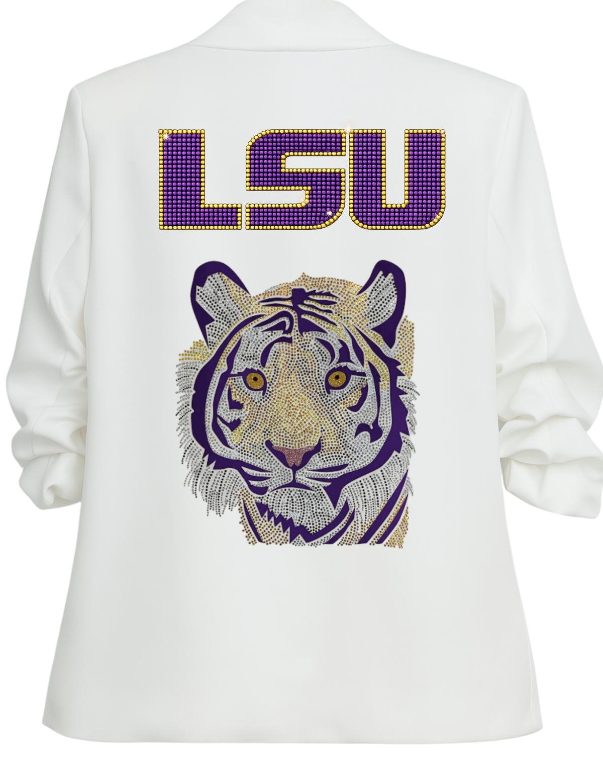 Louisiana State University Purple Tiger White Ruched Sleeve Blazer