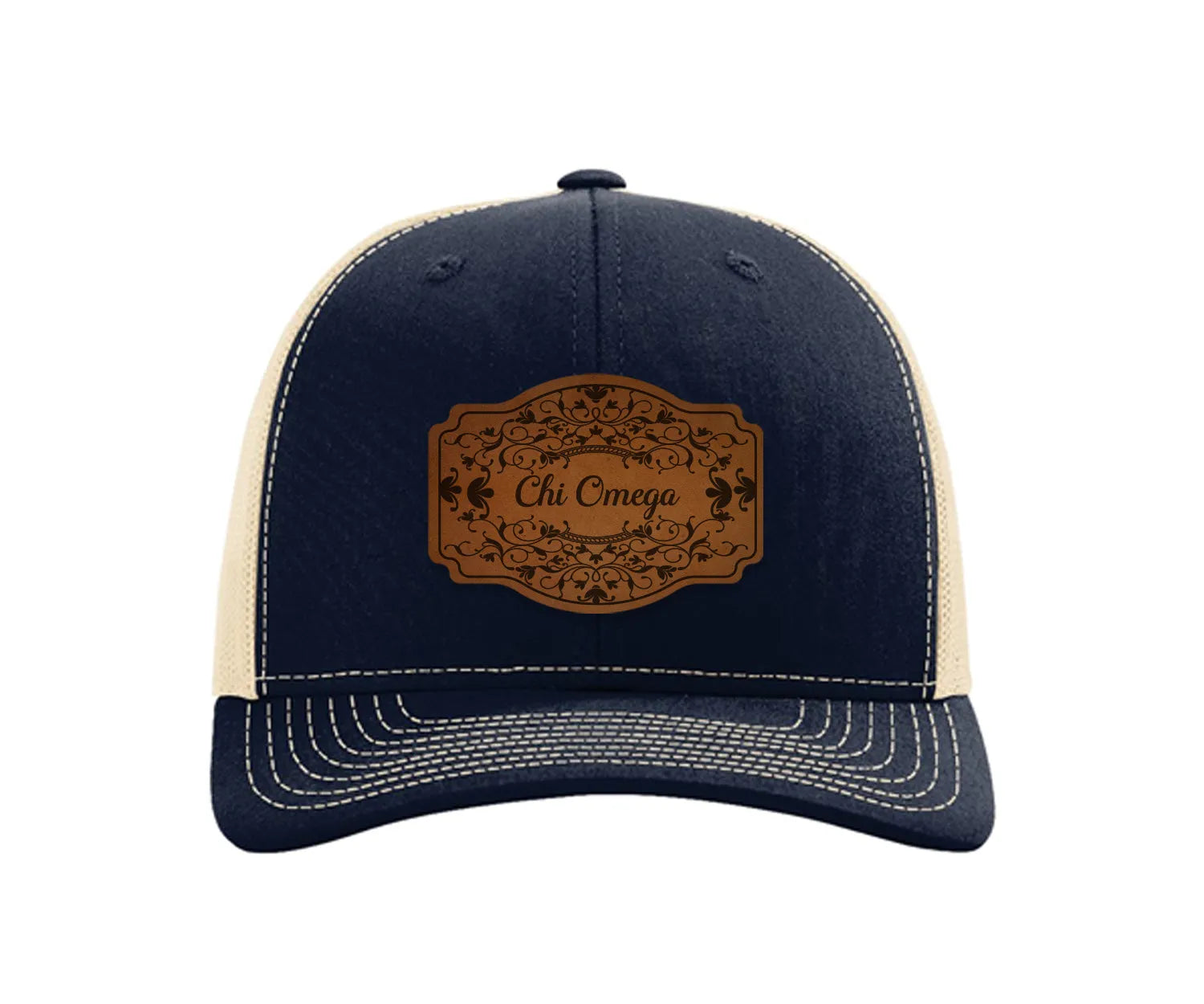 Chi Omega Richardson 112 Leatherette Patch Trucker Hat - Scroll