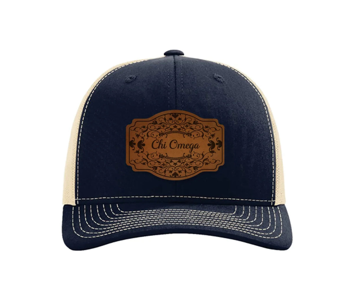 Chi Omega Richardson 112 Leatherette Patch Trucker Hat - Scroll