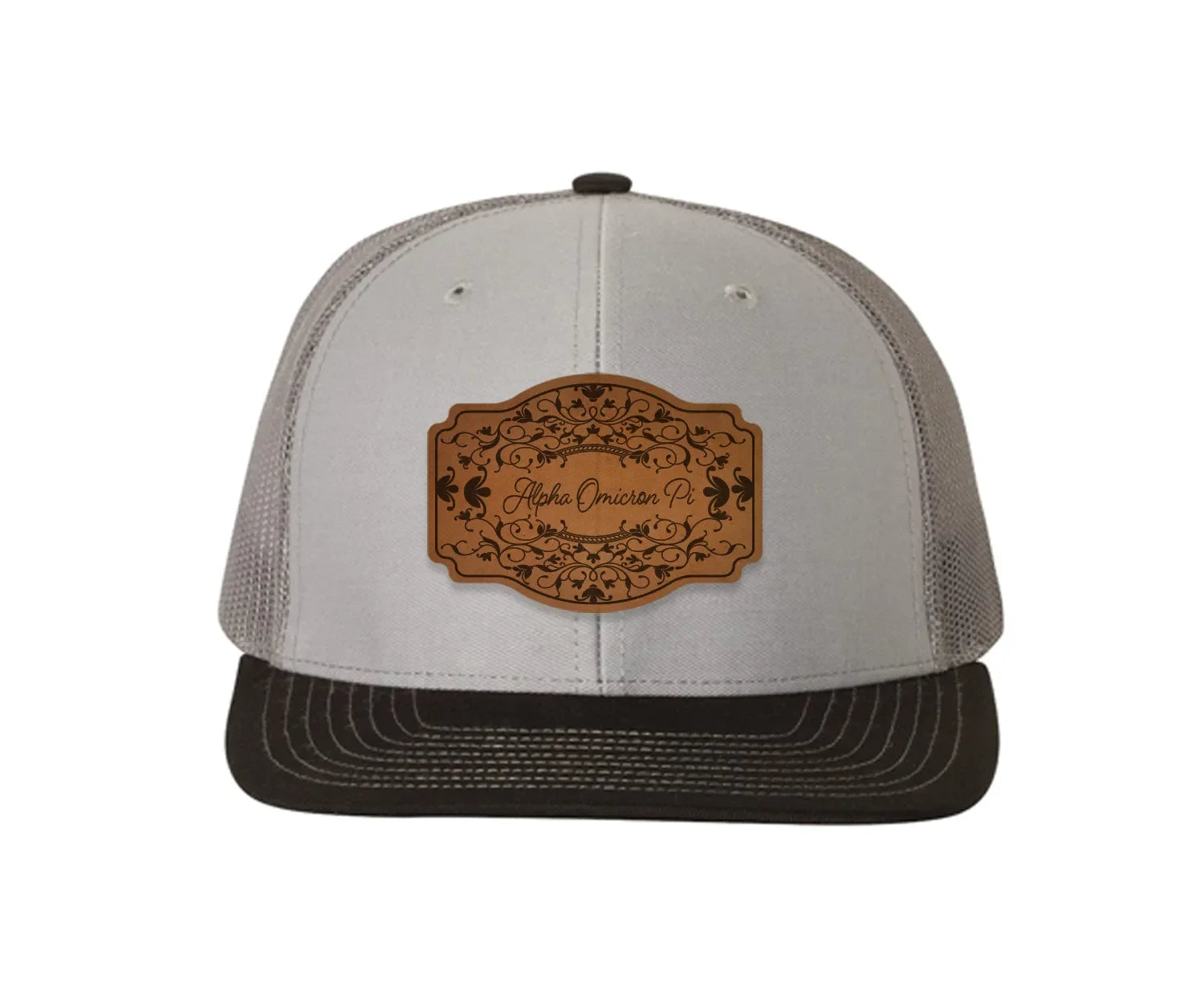 Alpha Omicron Pi Richardson 112 Leatherette Patch Trucker Hat - Scroll