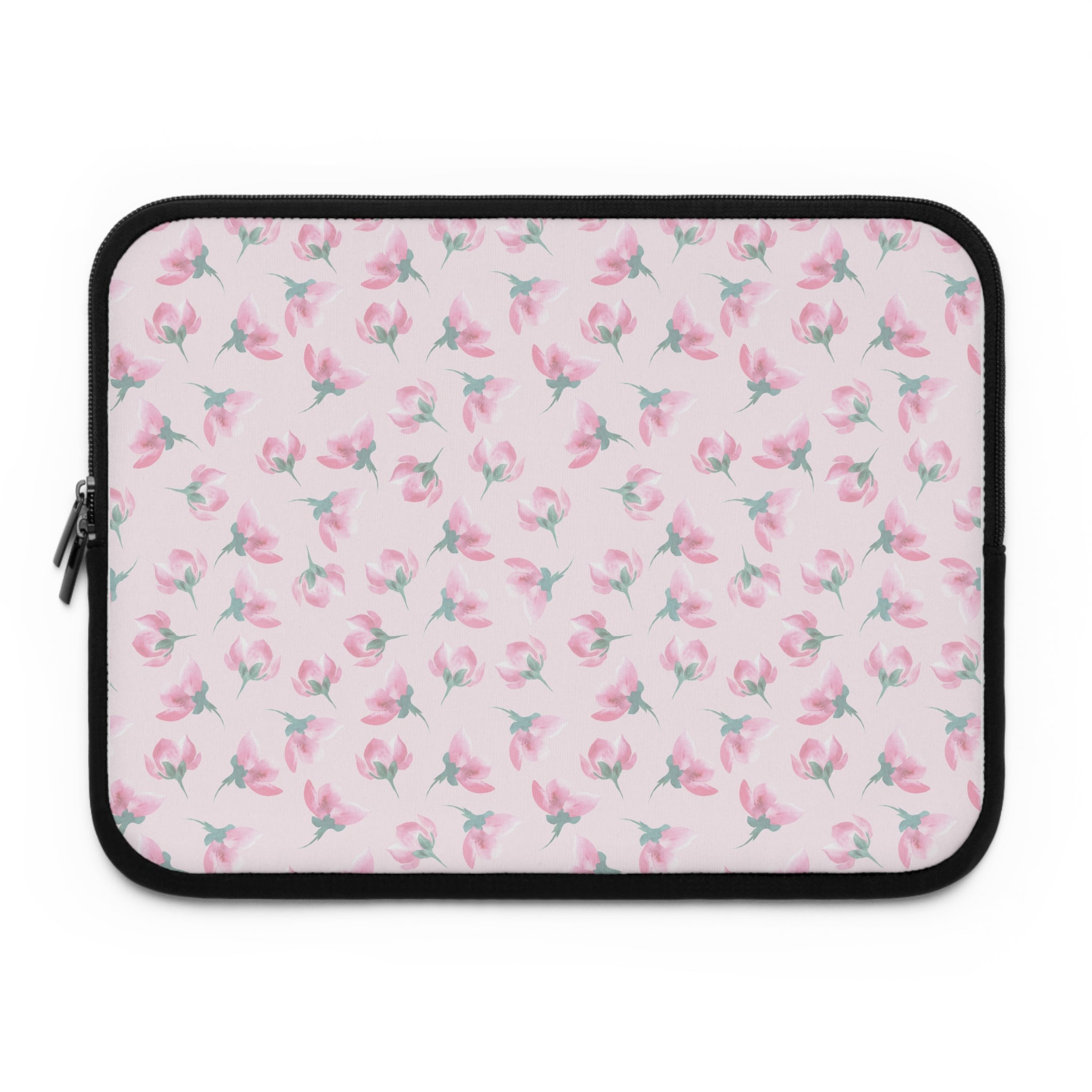 Laptop sleeve with pink floral pattern on a white background