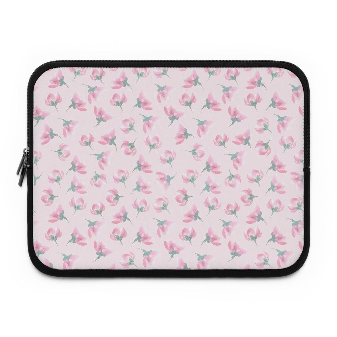 Laptop sleeve with pink floral pattern on a white background