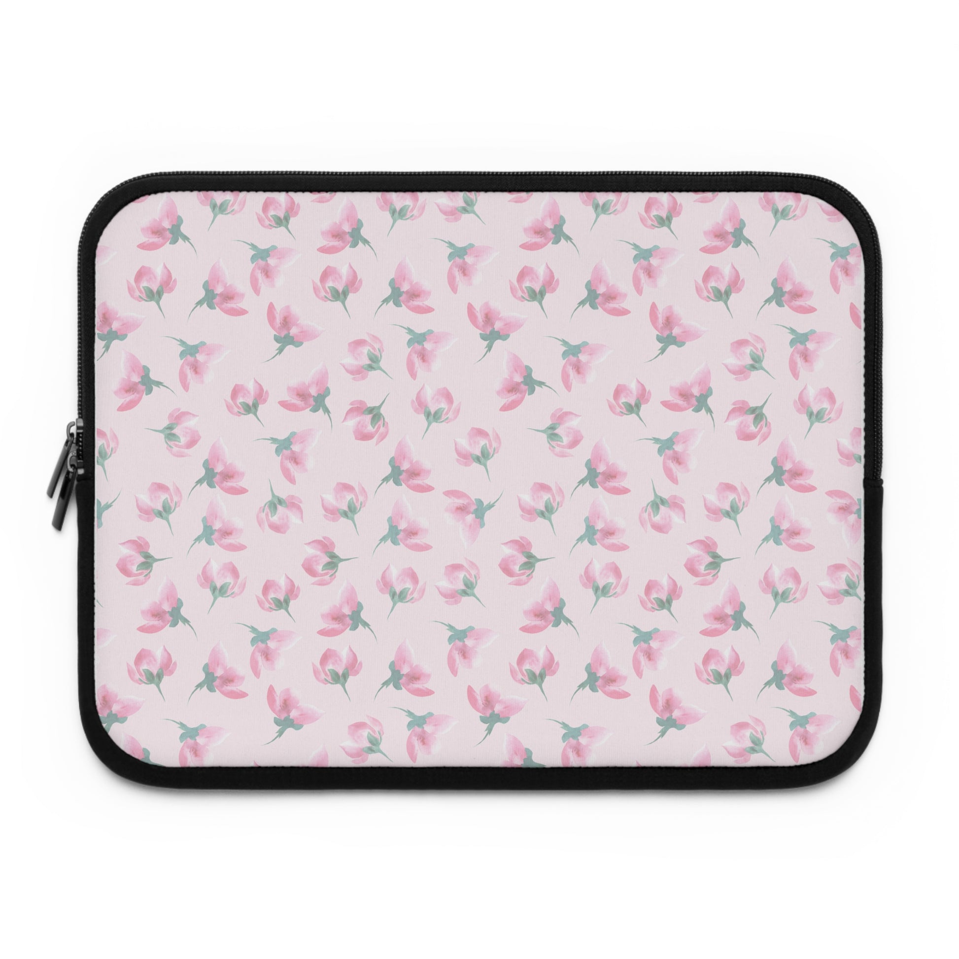 Laptop sleeve with pink floral pattern on a white background
