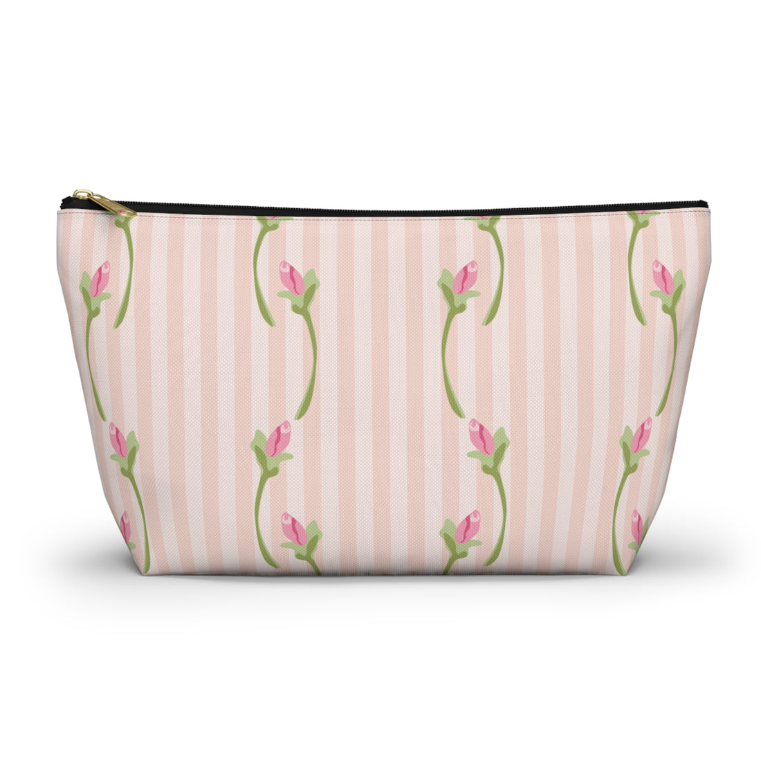 Cosmetic bag with floral pattern on a striped background