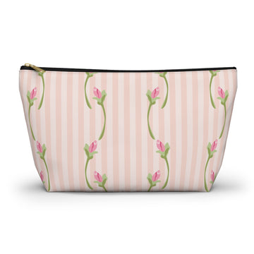 Cosmetic bag with floral pattern on a striped background