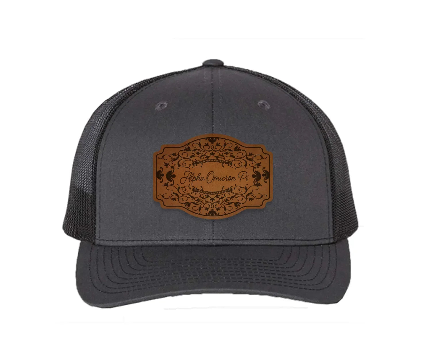Alpha Omicron Pi Richardson 112 Leatherette Patch Trucker Hat - Scroll