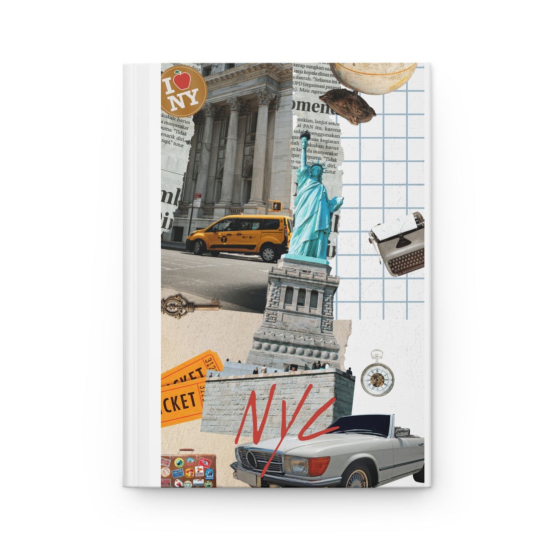 Notebook with New York City-themed cover on a dark surface with stationery items.