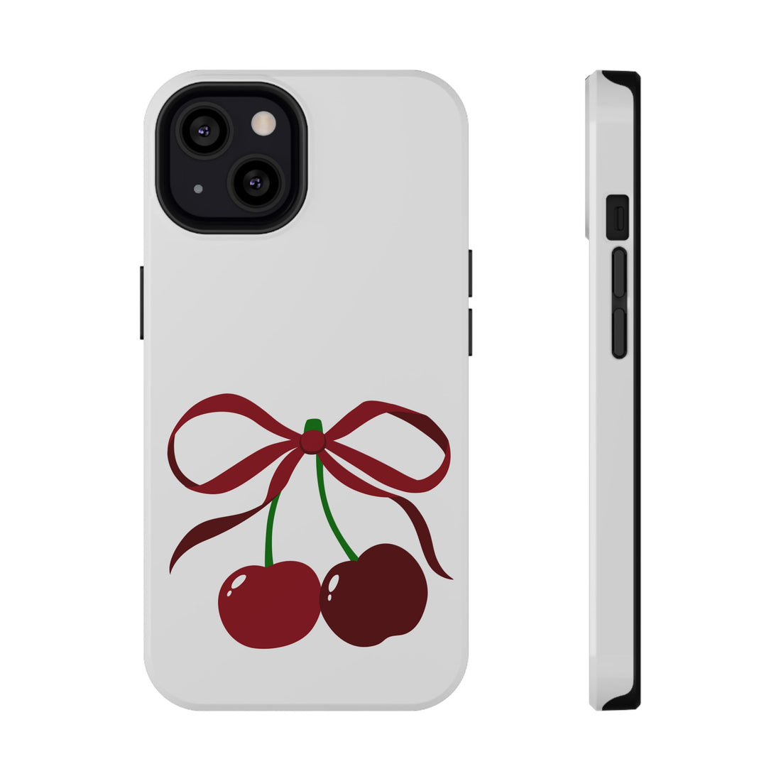 Phone case with cherries and a bow design on a white background