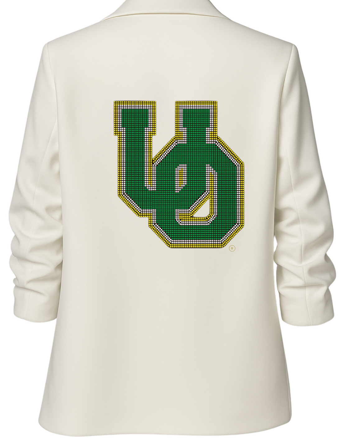 University Of Oregon Large Interlocking UO White Ruched Sleeve Blazer
