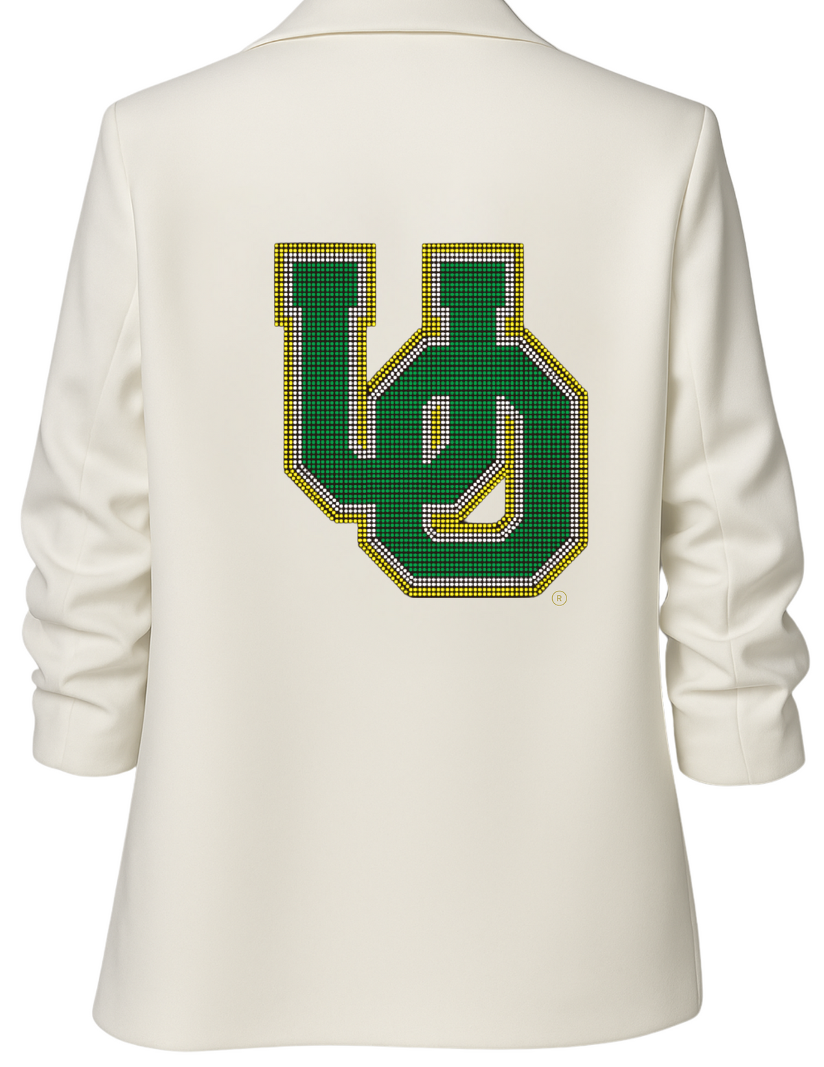 University Of Oregon Large Interlocking UO White Ruched Sleeve Blazer