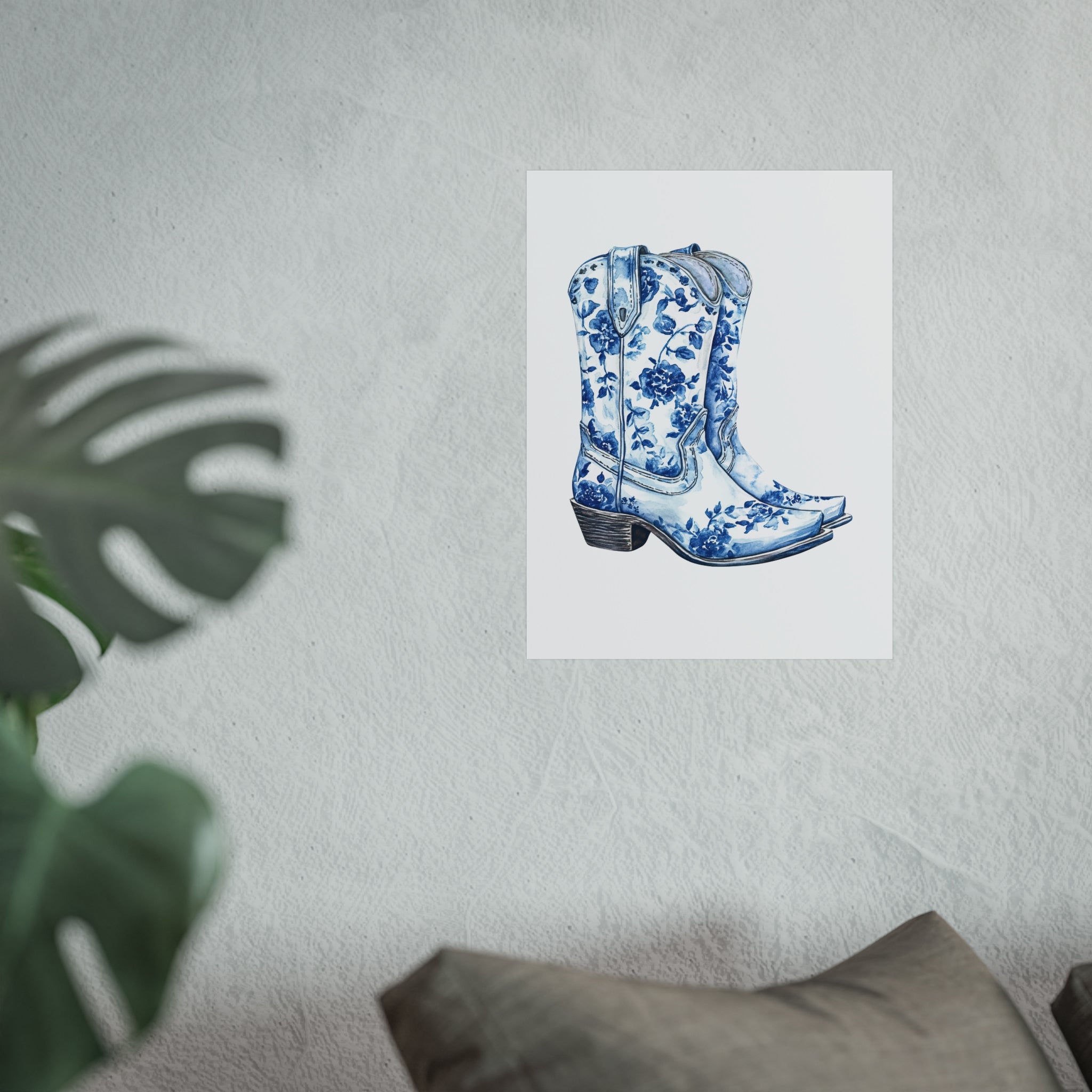 Blue Floral Cowboy Boots Art Print, Dorm Room Decor Rustic Home Art, Gift for Cowgirl, Country Decor, Bohemian Style