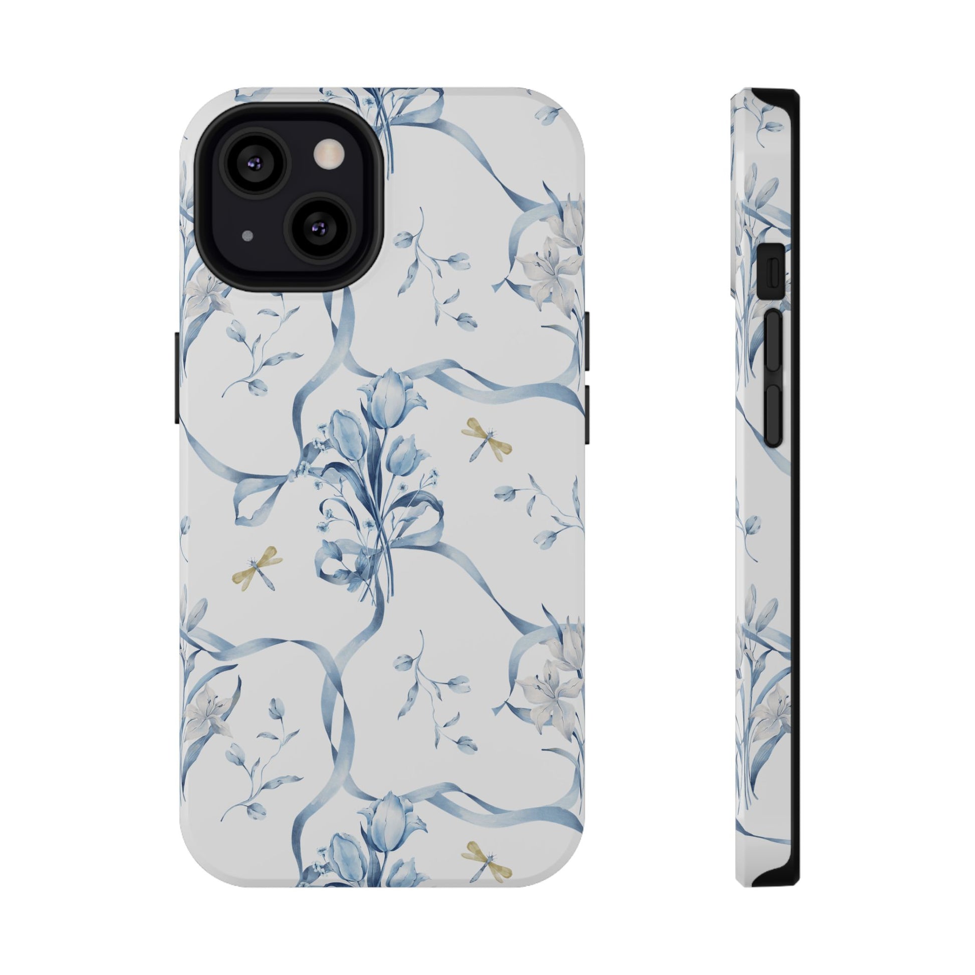 Phone case with blue floral pattern on a white background