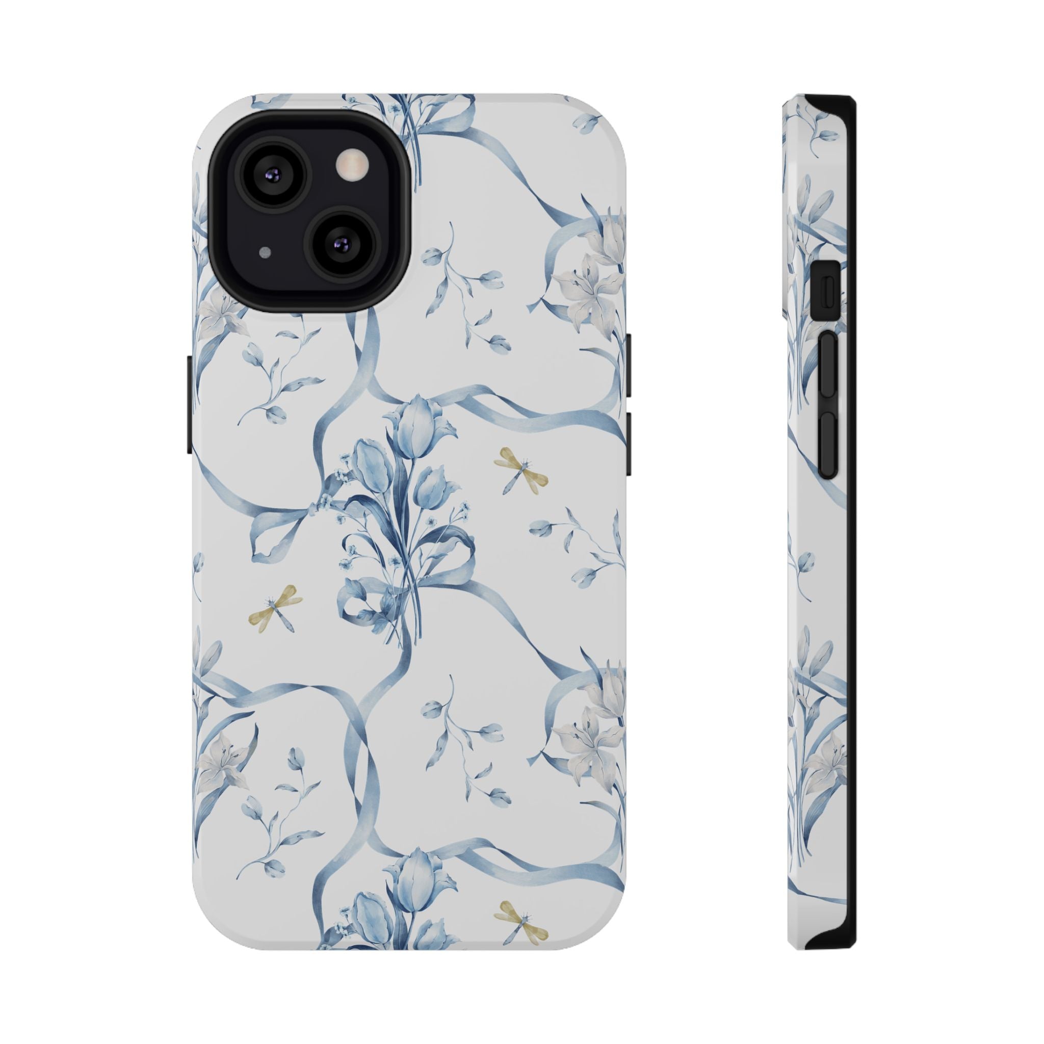 Phone case with blue floral pattern on a white background
