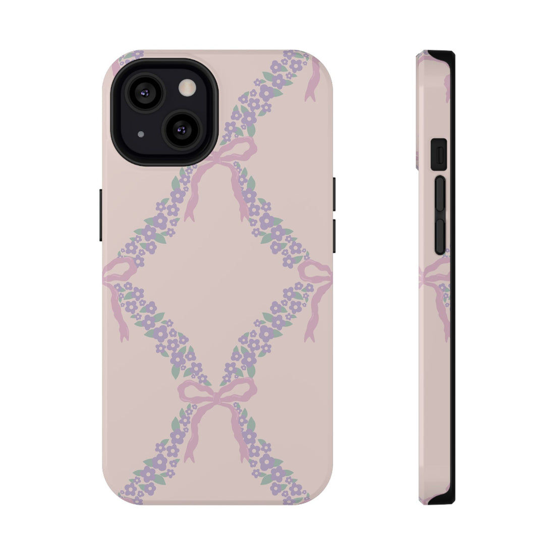 Phone case with floral bow design on a beige background