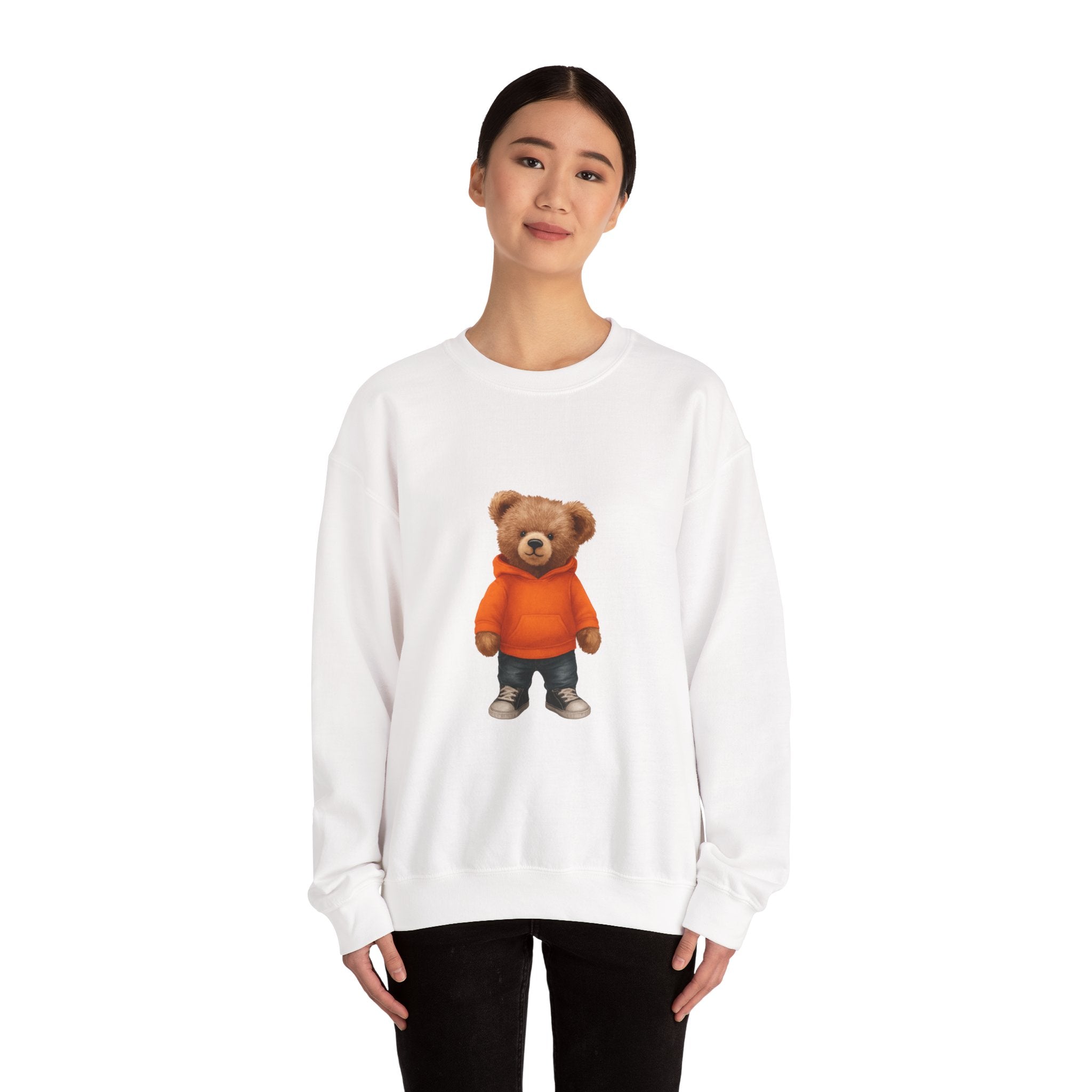 CUSTOMIZABLE Trendy Bear with Orange Hoodie Cozy Bear Crewneck Sweatshirt