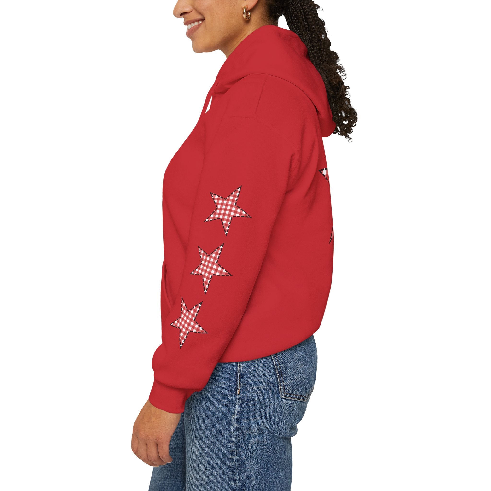 Red Gingham Star Hoodie, Cozy Winter Sweatshirt, Casual Unisex Outerwear, Perfect Gift for Birthdays, Holidays, and Trendy Outfits