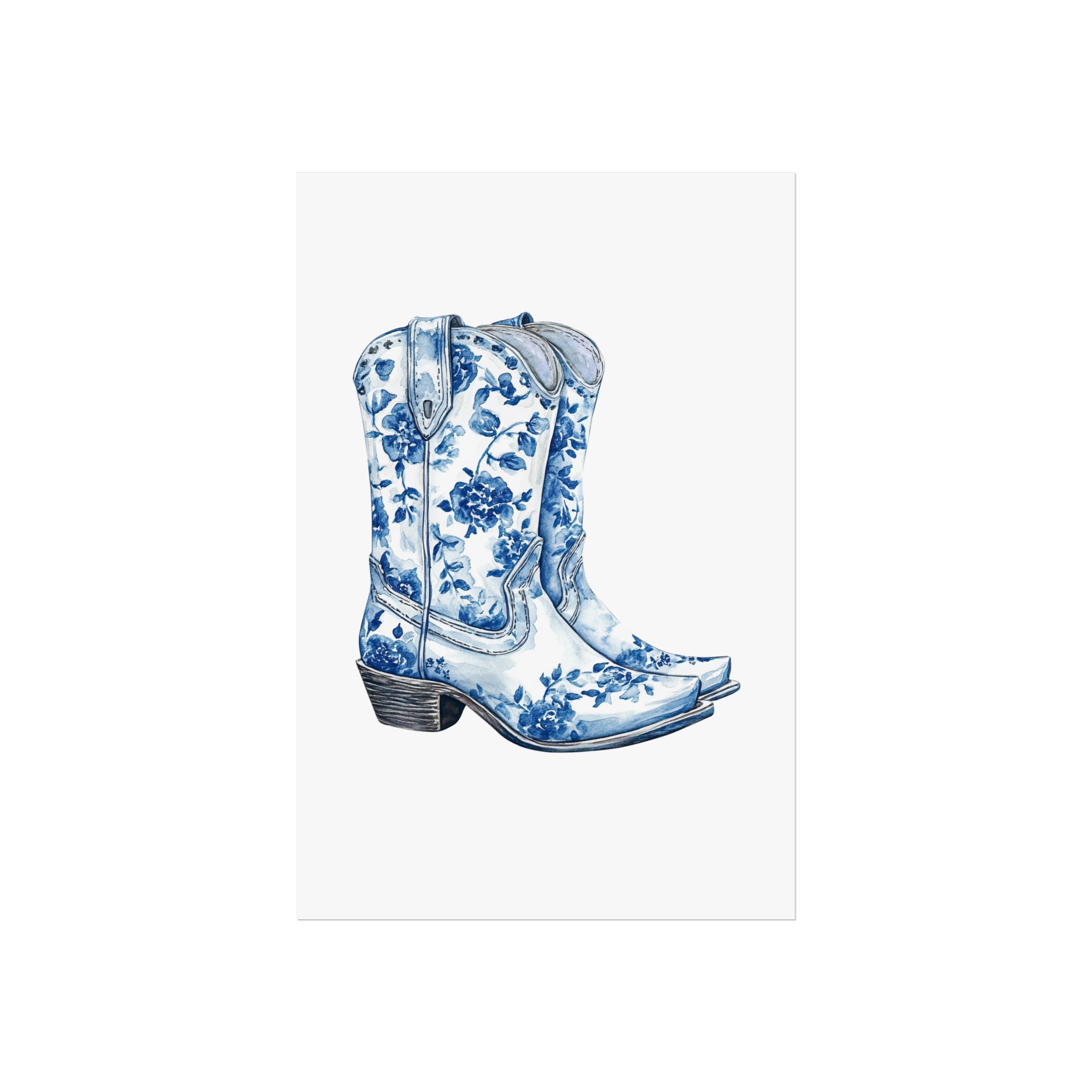 Blue Floral Cowboy Boots Art Print, Dorm Room Decor Rustic Home Art, Gift for Cowgirl, Country Decor, Bohemian Style