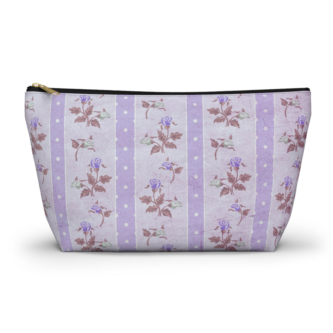 Floral patterned pouch with purple stripes on a white background