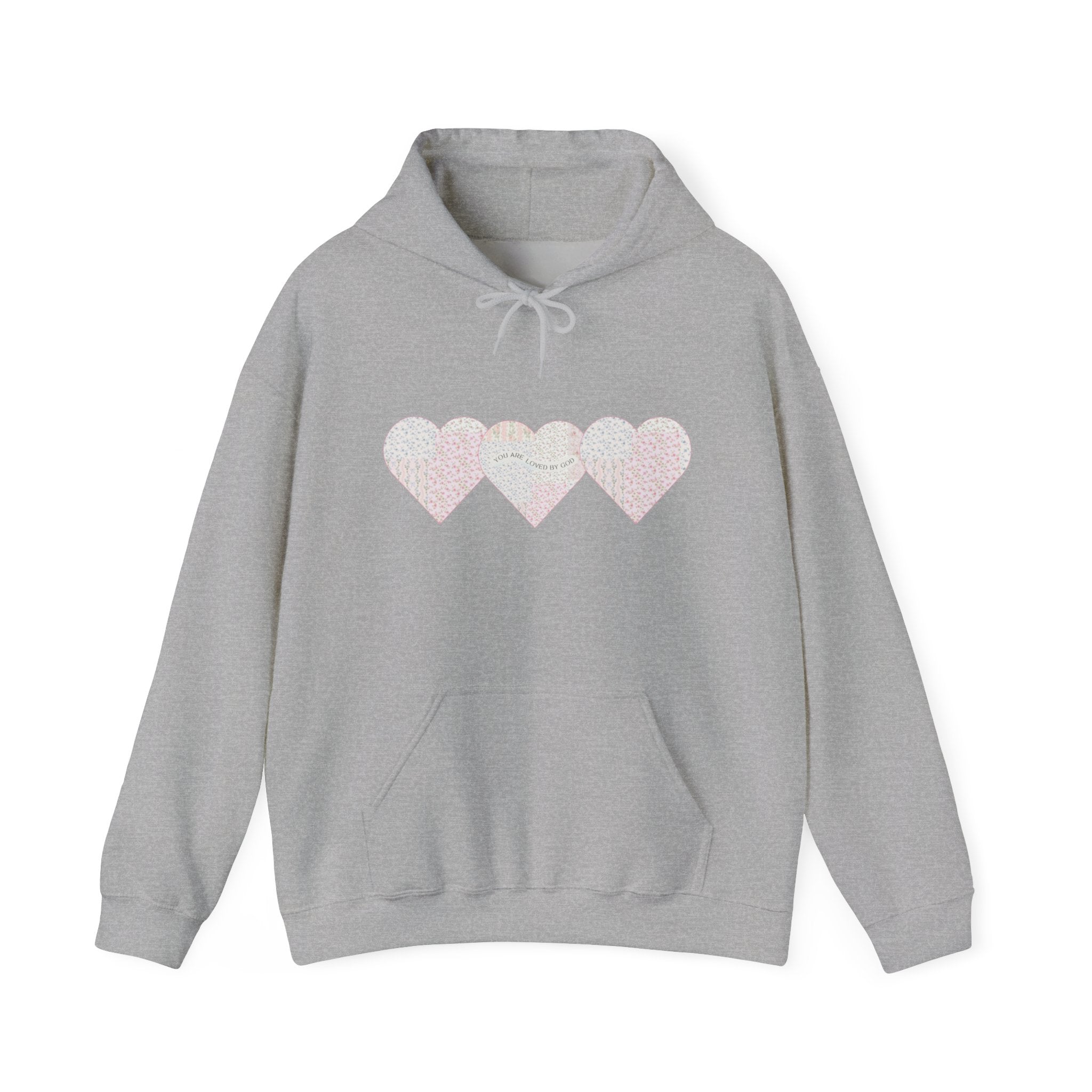 You Are Loved By God Heartfelt Hoodie with Patchwork Hearts Design