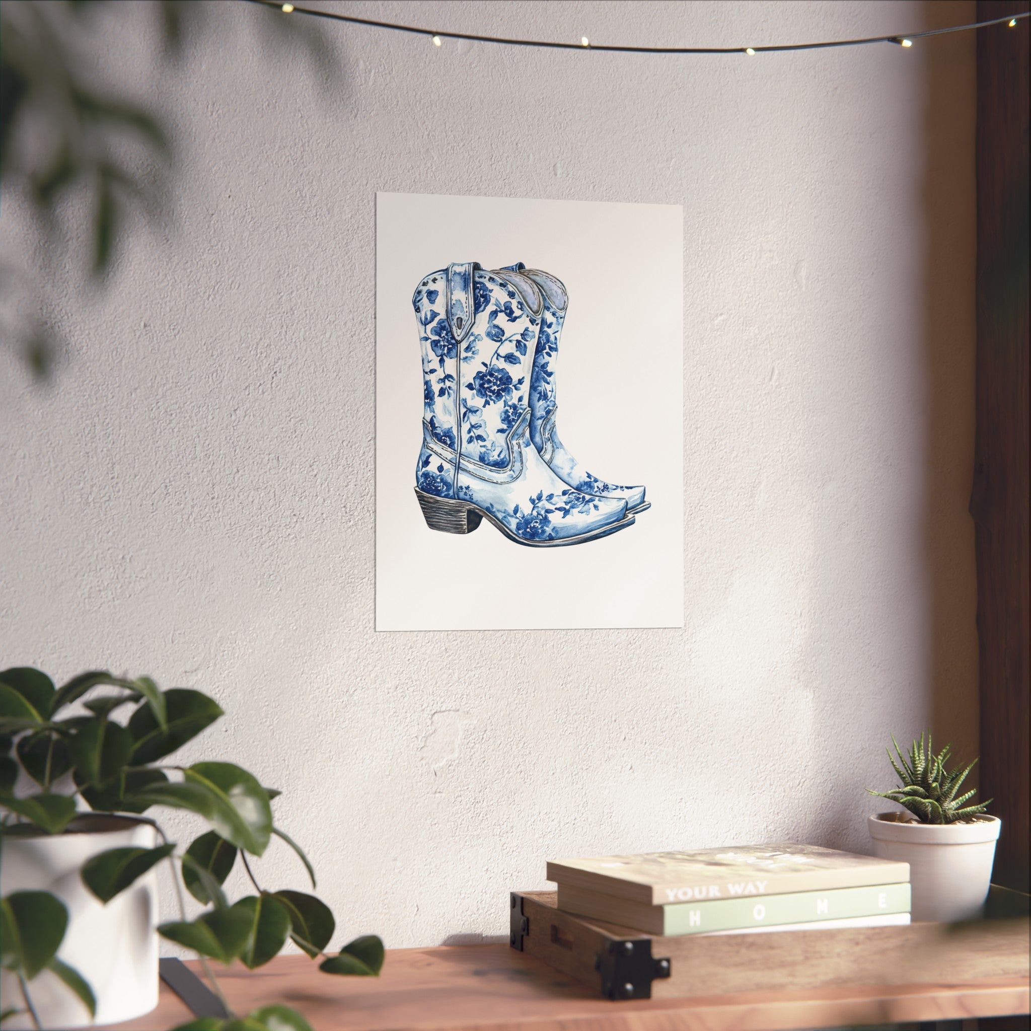 Blue Floral Cowboy Boots Art Print, Dorm Room Decor Rustic Home Art, Gift for Cowgirl, Country Decor, Bohemian Style