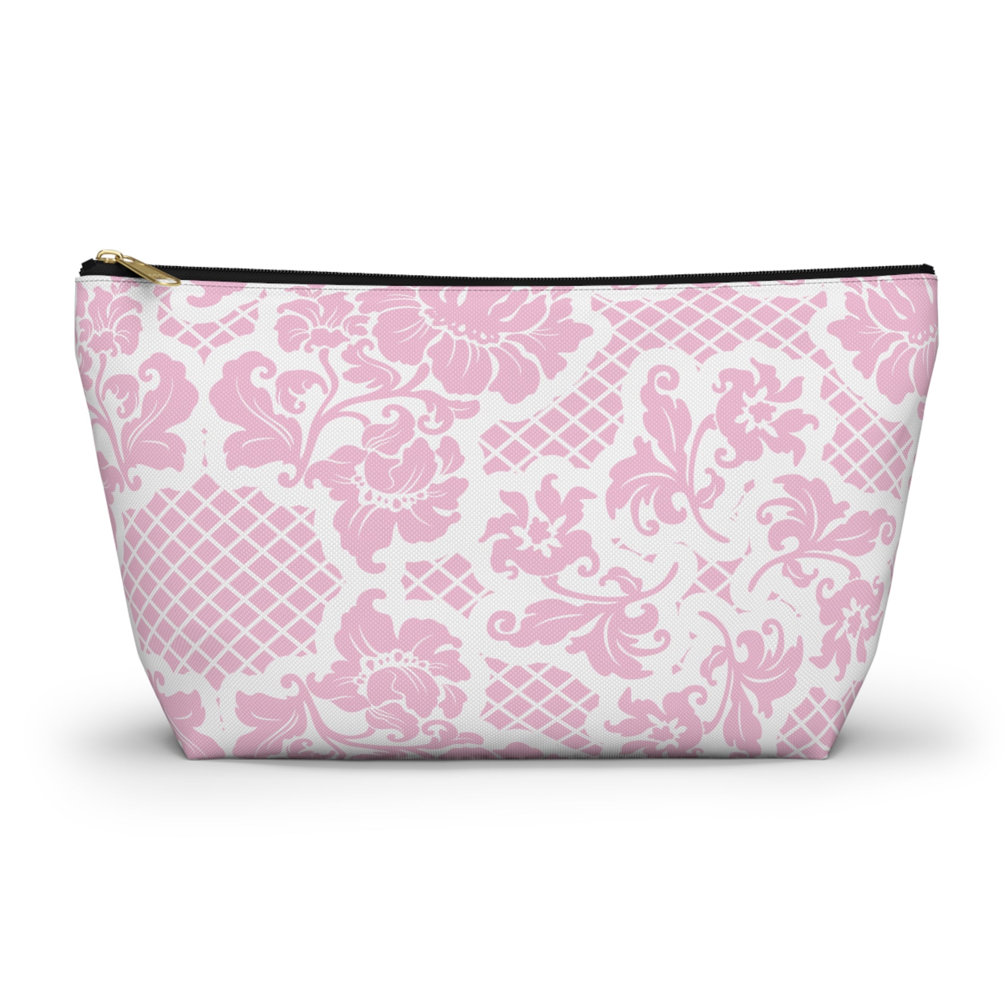 Pink and white patterned pouch on a white background