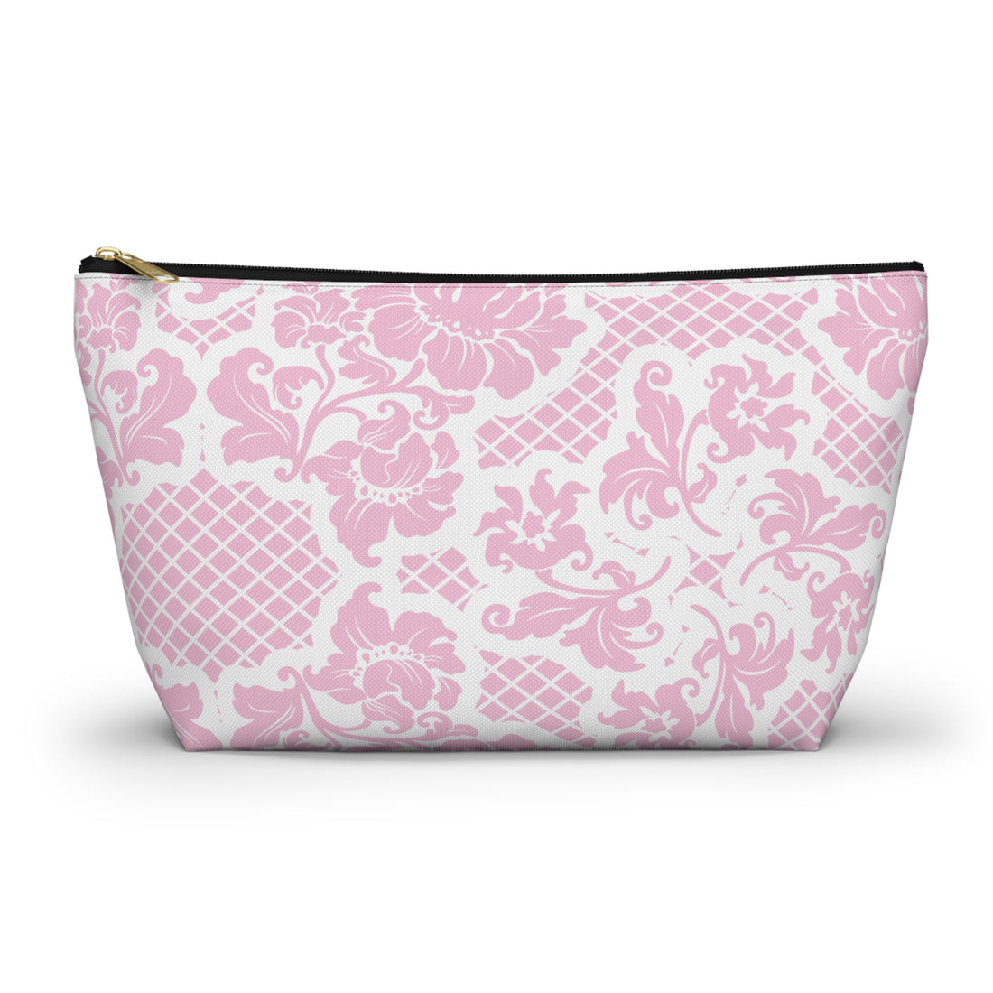 Pink and white patterned pouch on a white background
