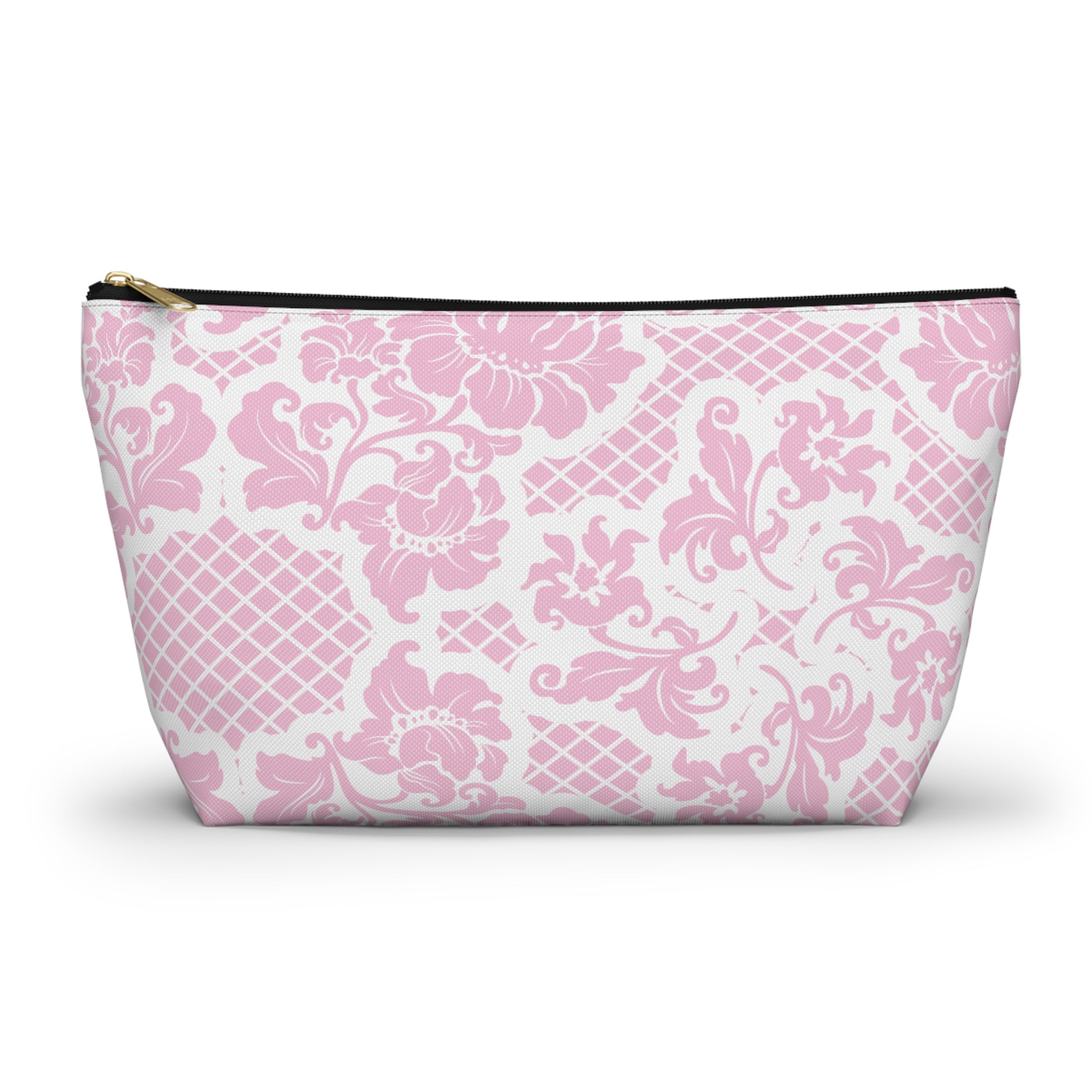 Pink and white patterned pouch on a white background